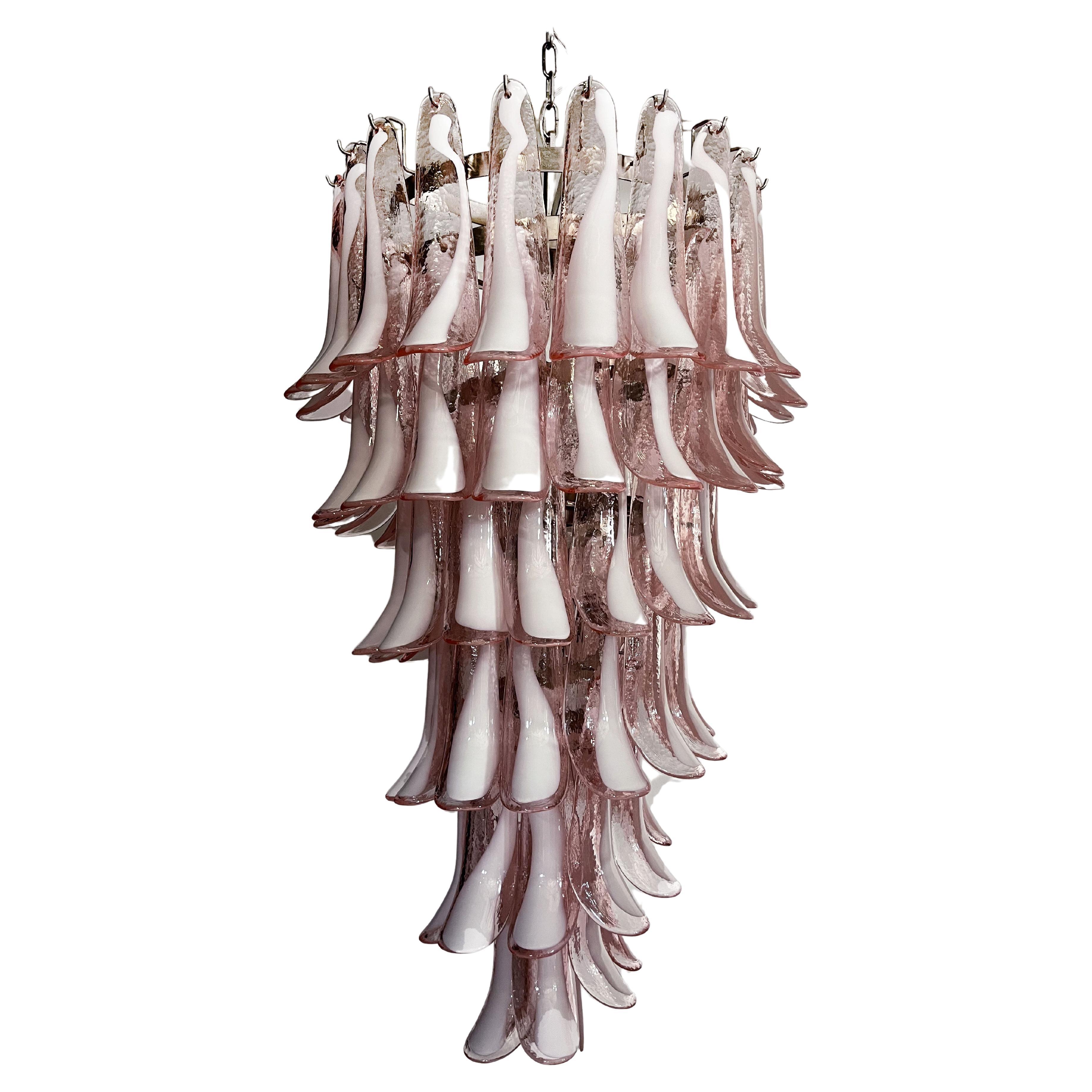 Huge Italian Murano Glass Spiral Chandelier, 83 Pink Glass Petals For Sale