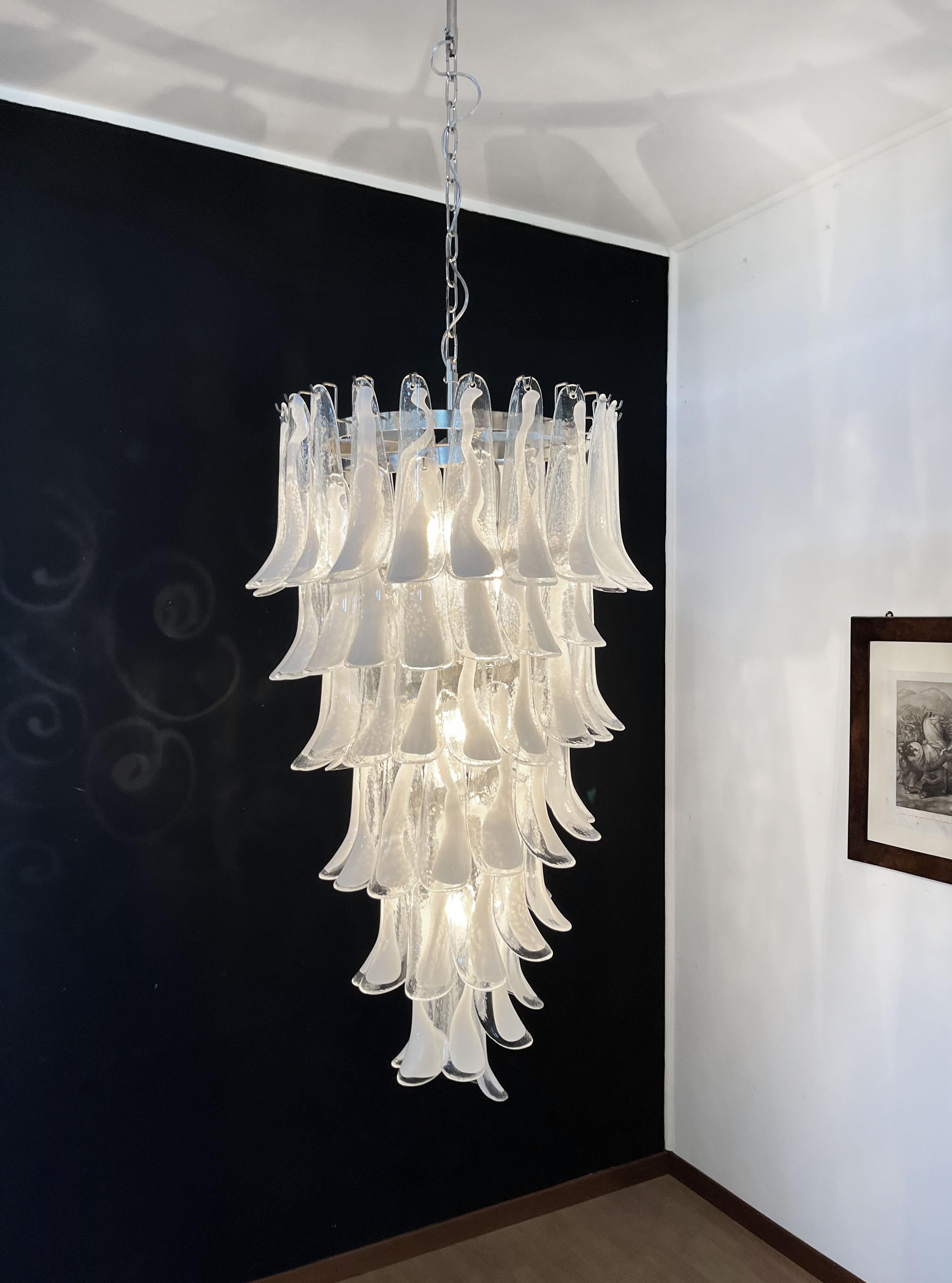 Galvanized Huge Italian Murano Glass Spiral Chandelier, 83 White Glass Petals For Sale
