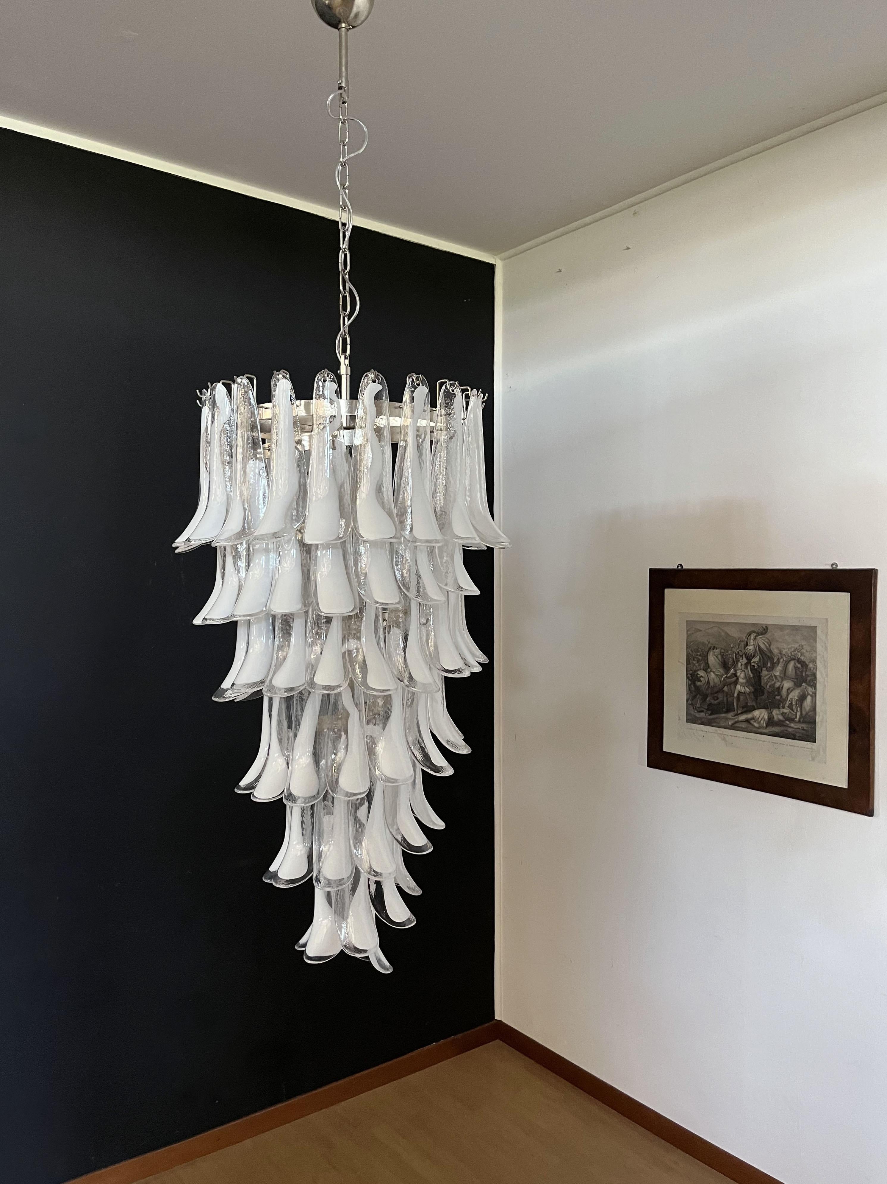 Art Glass Huge Italian Murano Glass Spiral Chandelier, 83 White Glass Petals For Sale