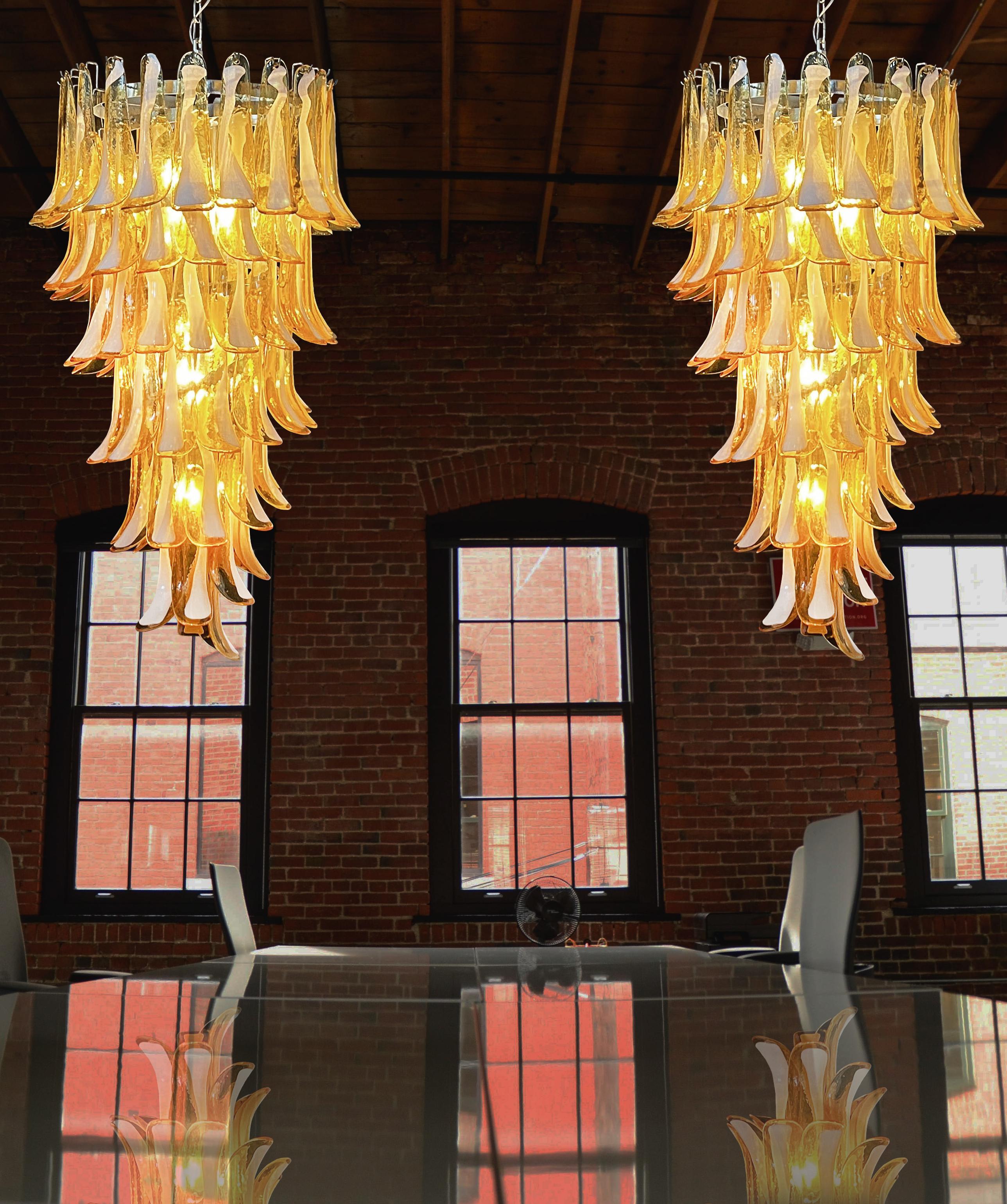 20th Century Huge Italian Murano Glass Spiral Chandeliers, 83 Amber Glass Petals For Sale