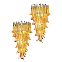 Huge Italian Murano Glass Spiral Chandeliers, 83 Amber Glass Petals