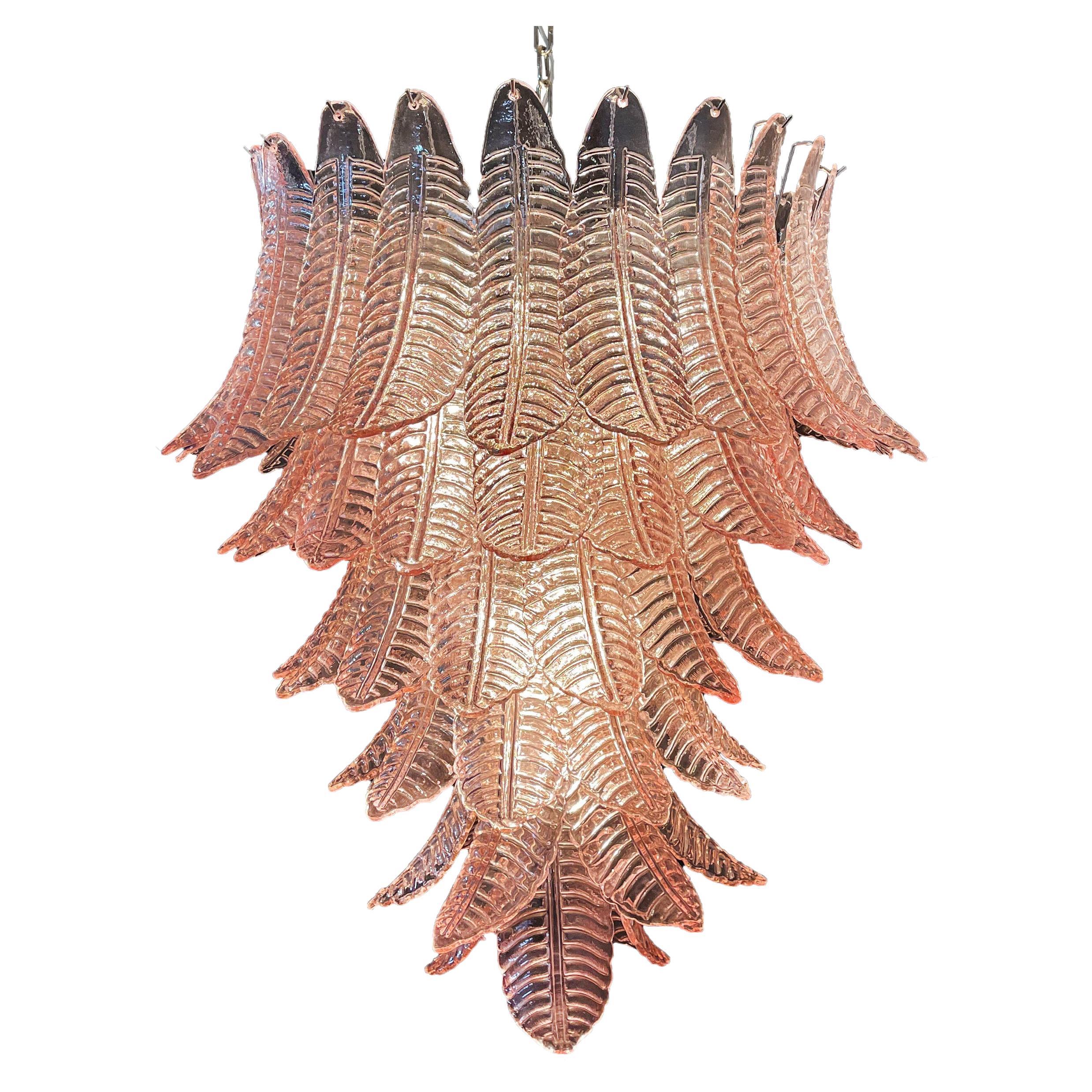 Huge Italian Murano Pink Felci Glass Chandelier, 75 Glasses For Sale