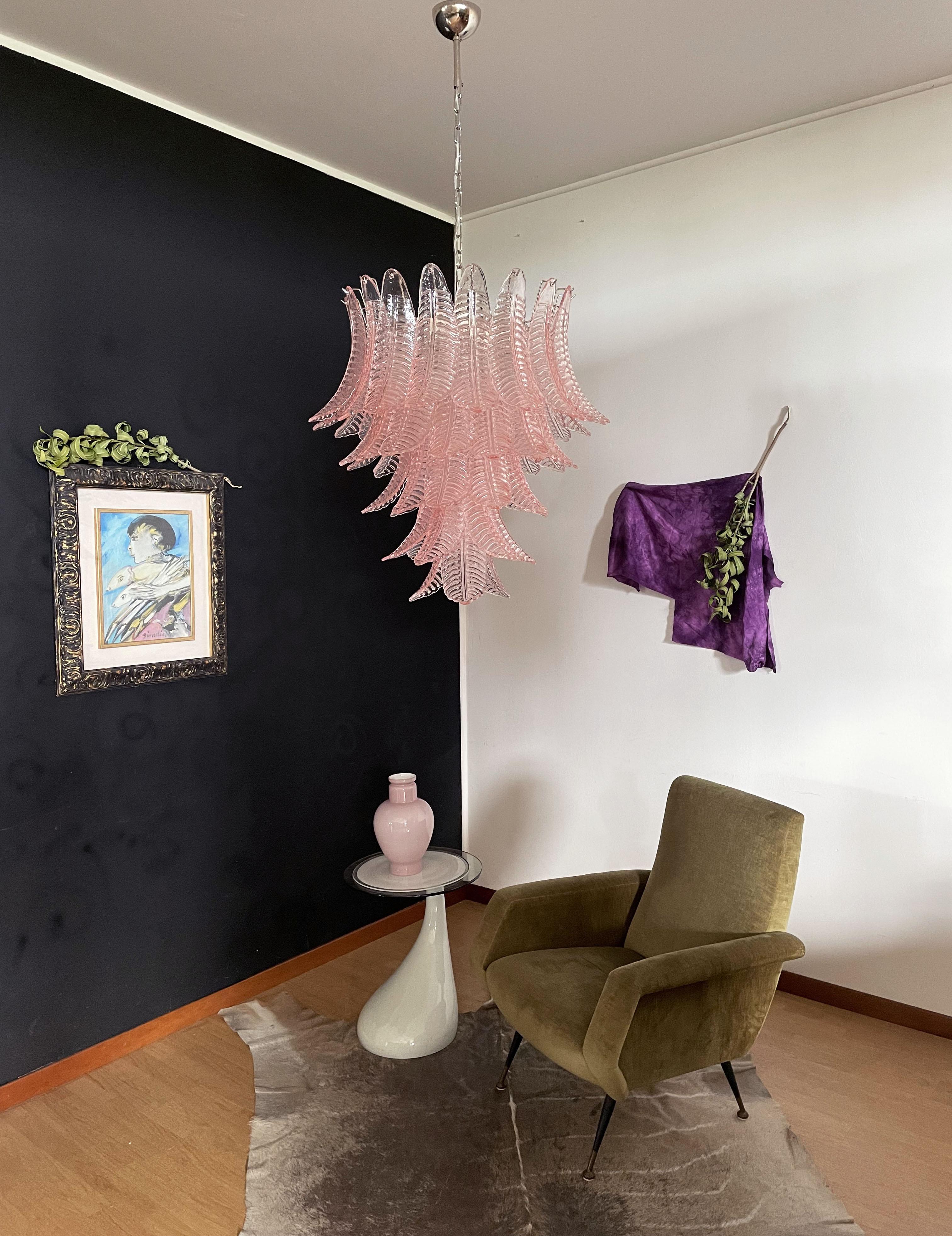 Mid-Century Modern Huge Italian Murano Six-Tier Pink Felci Glass Chandelier For Sale