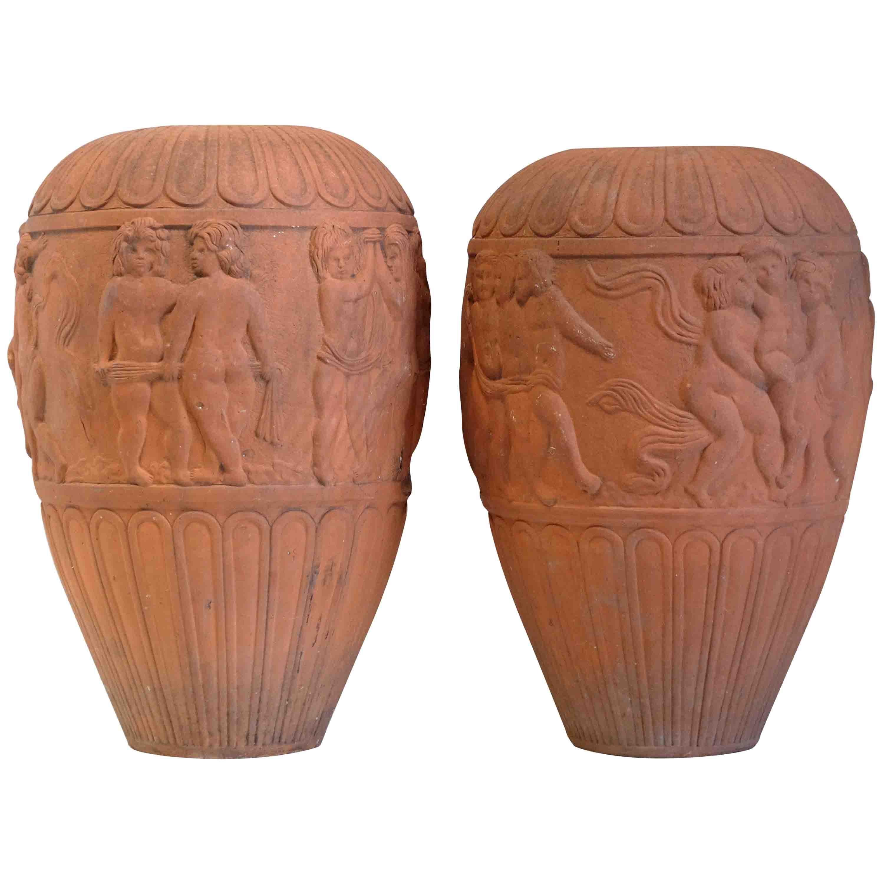 Huge Italian Terracotta Urns, Dancing Putti, Classical, Garden Feature, Outdoor For Sale