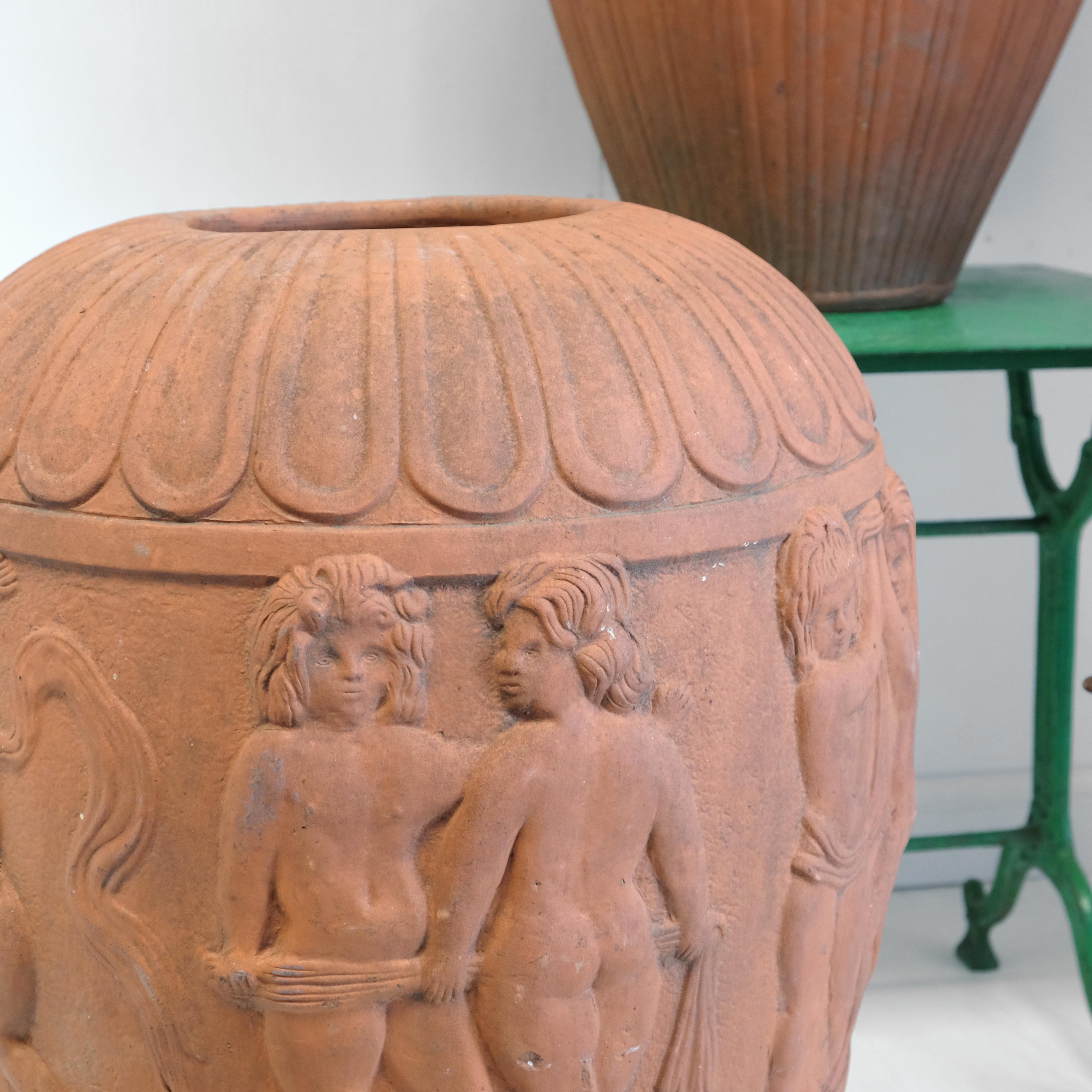 Neoclassical Huge Italian Terracotta Urns, Dancing Putti, Classical, Garden Feature, Outdoor For Sale