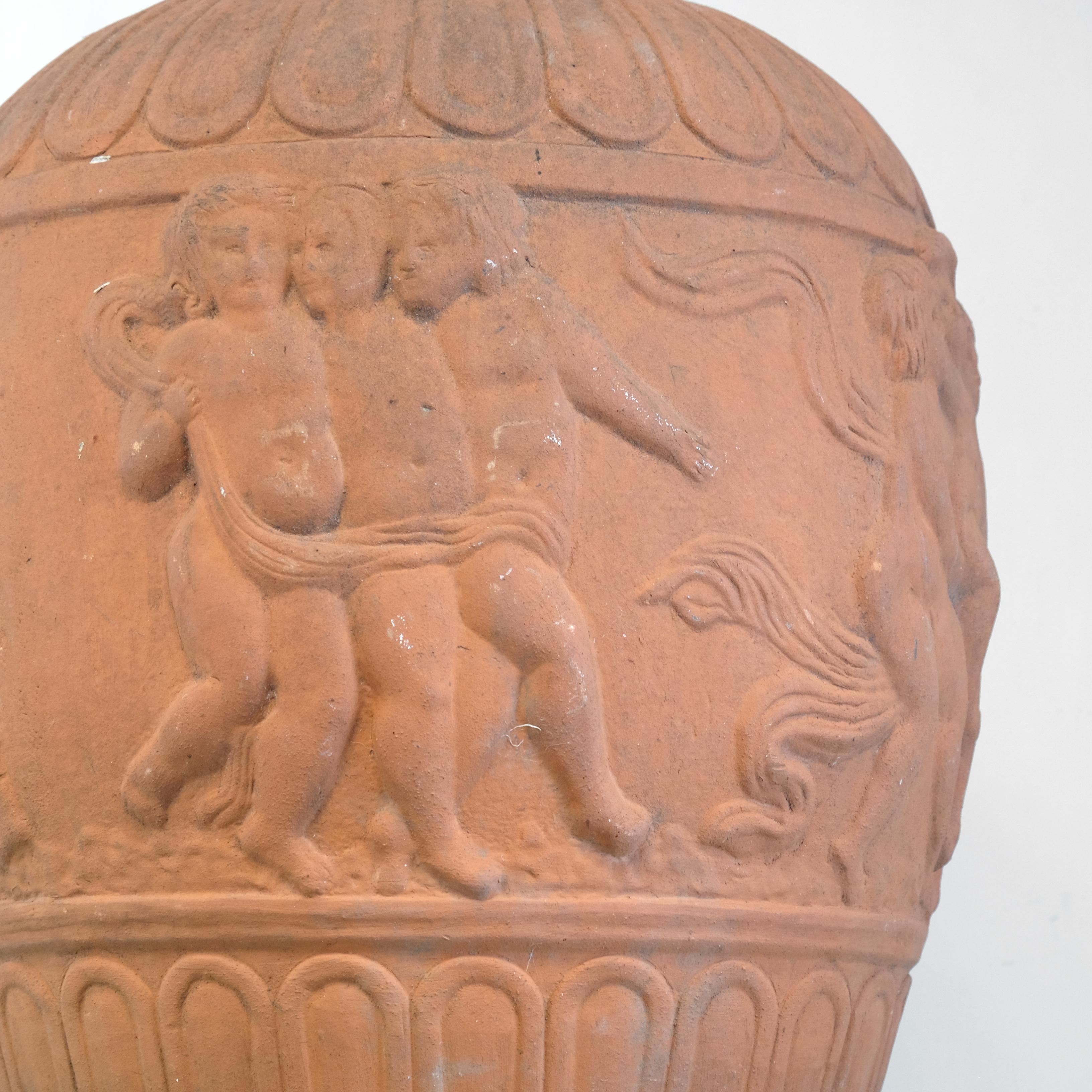 Huge Italian Terracotta Urns, Dancing Putti, Classical, Garden Feature, Outdoor In Fair Condition For Sale In Totnes, GB