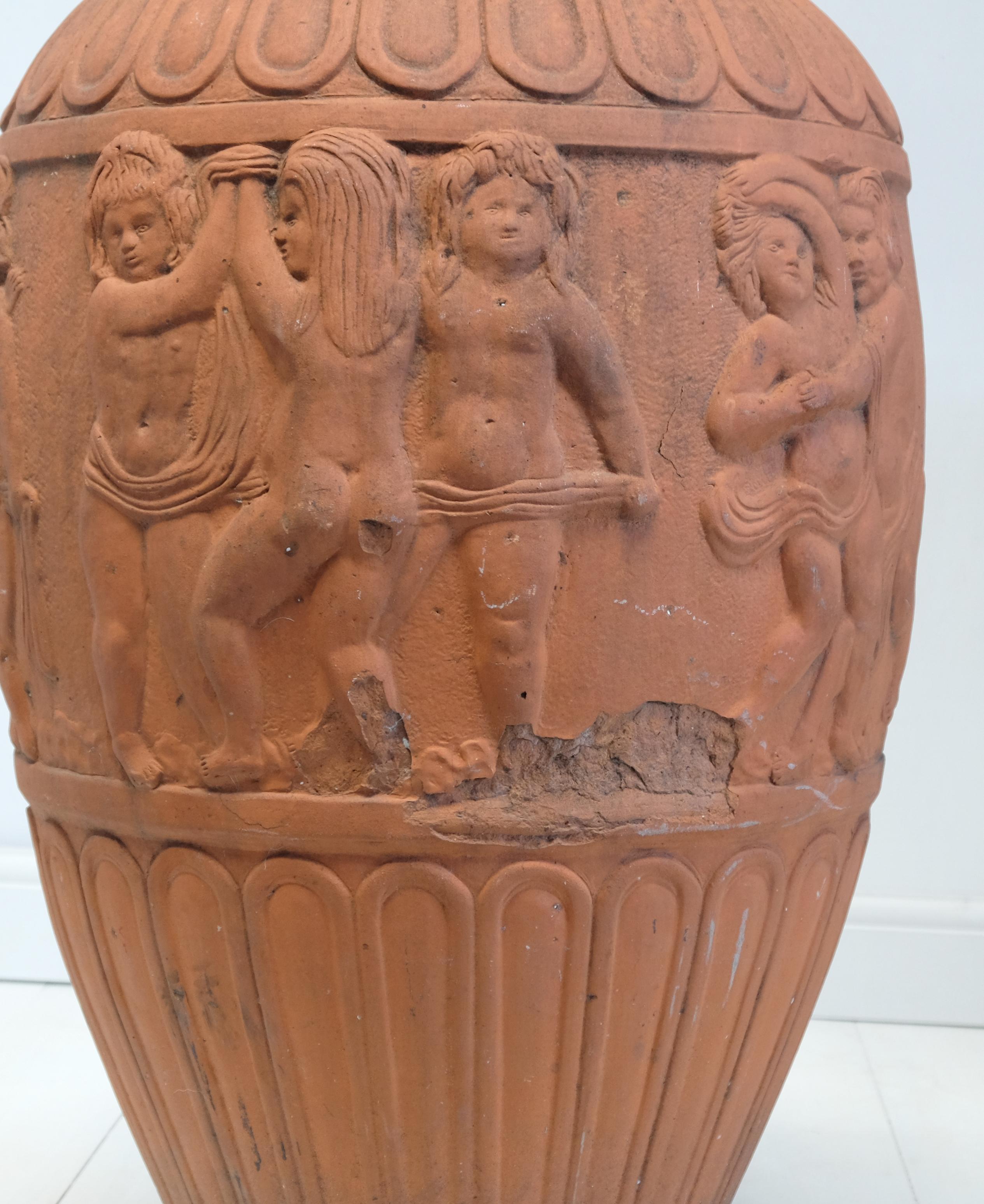 Huge Italian Terracotta Urns, Dancing Putti, Classical, Garden Feature, Outdoor For Sale 1