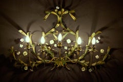 Huge Italian Tole Leaves Wall Light with Colorful Porcelain Flowers 1970