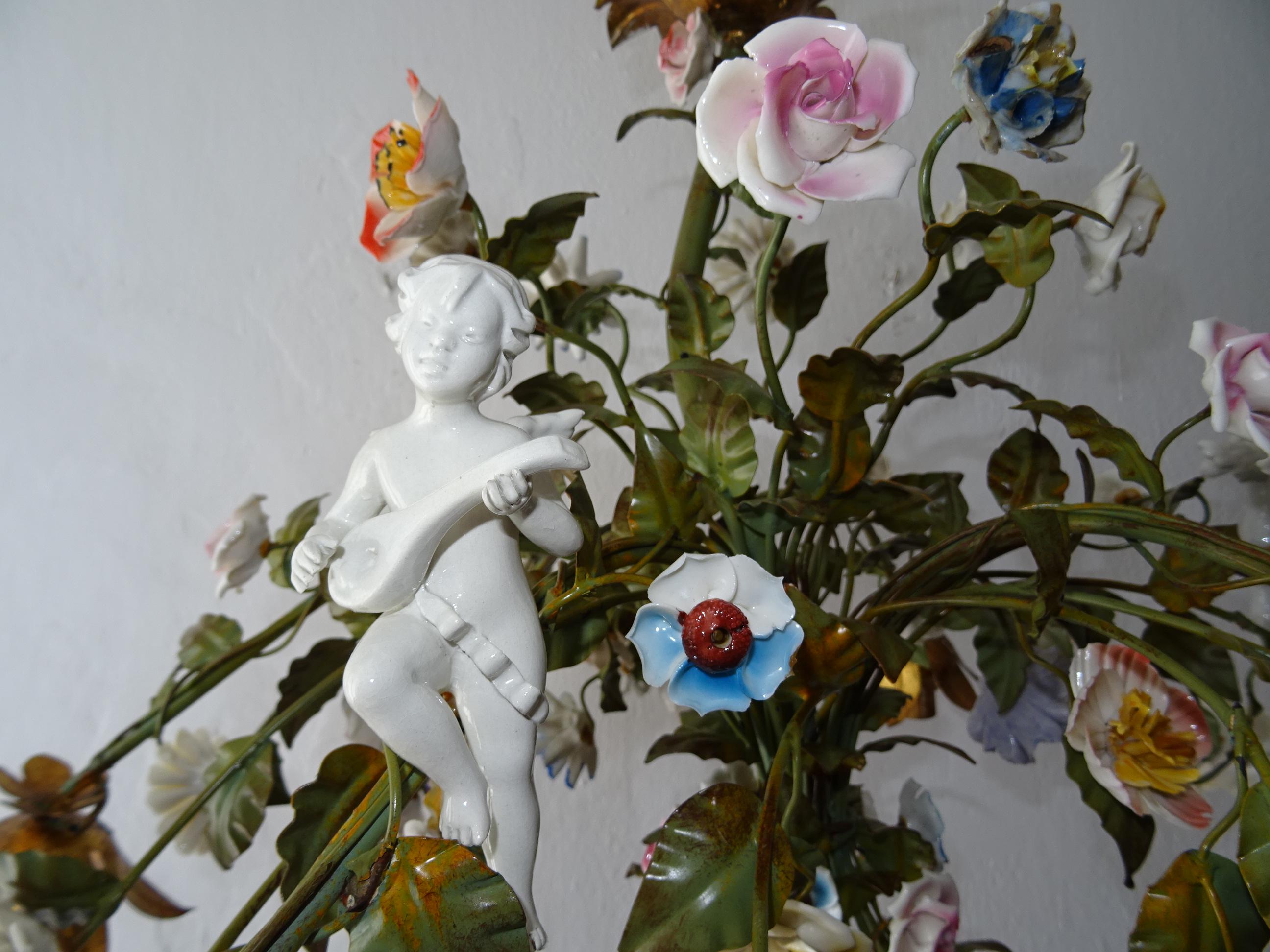 Huge Italian Tole Porcelain Flowers & Cherubs Polychrome Chandelier, circa 1870 8