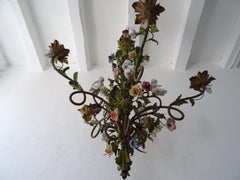 Huge Italian Tole Porcelain Flowers & Cherubs Polychrome Chandelier, circa 1870