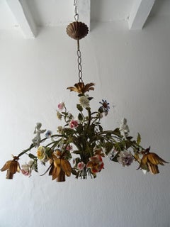 Huge Italian Tole Porcelain Flowers & Cherubs Polychrome Chandelier, circa 1870