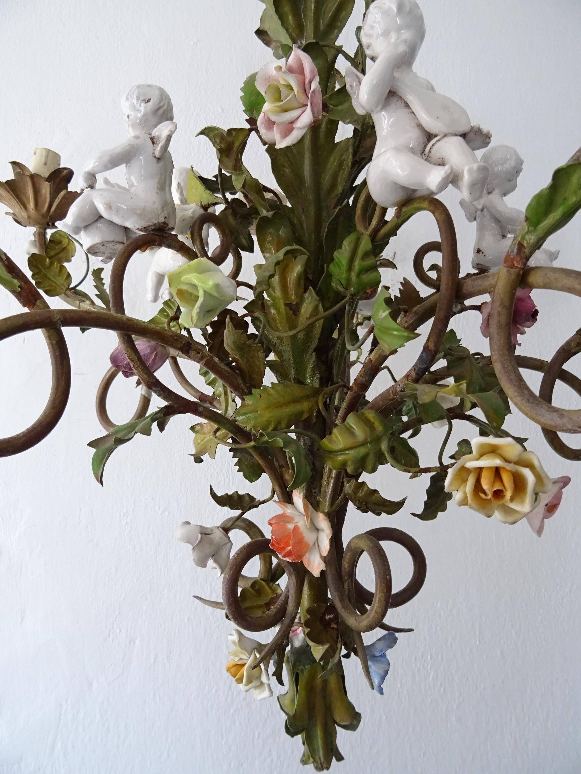 19th Century Huge Italian Tole Porcelain Flowers & Cherubs Polychrome Chandelier, circa 1870