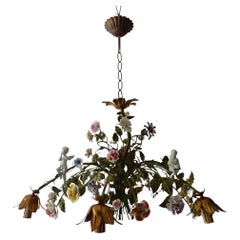 Huge Italian Tole Porcelain Flowers & Cherubs Polychrome Chandelier, circa 1870