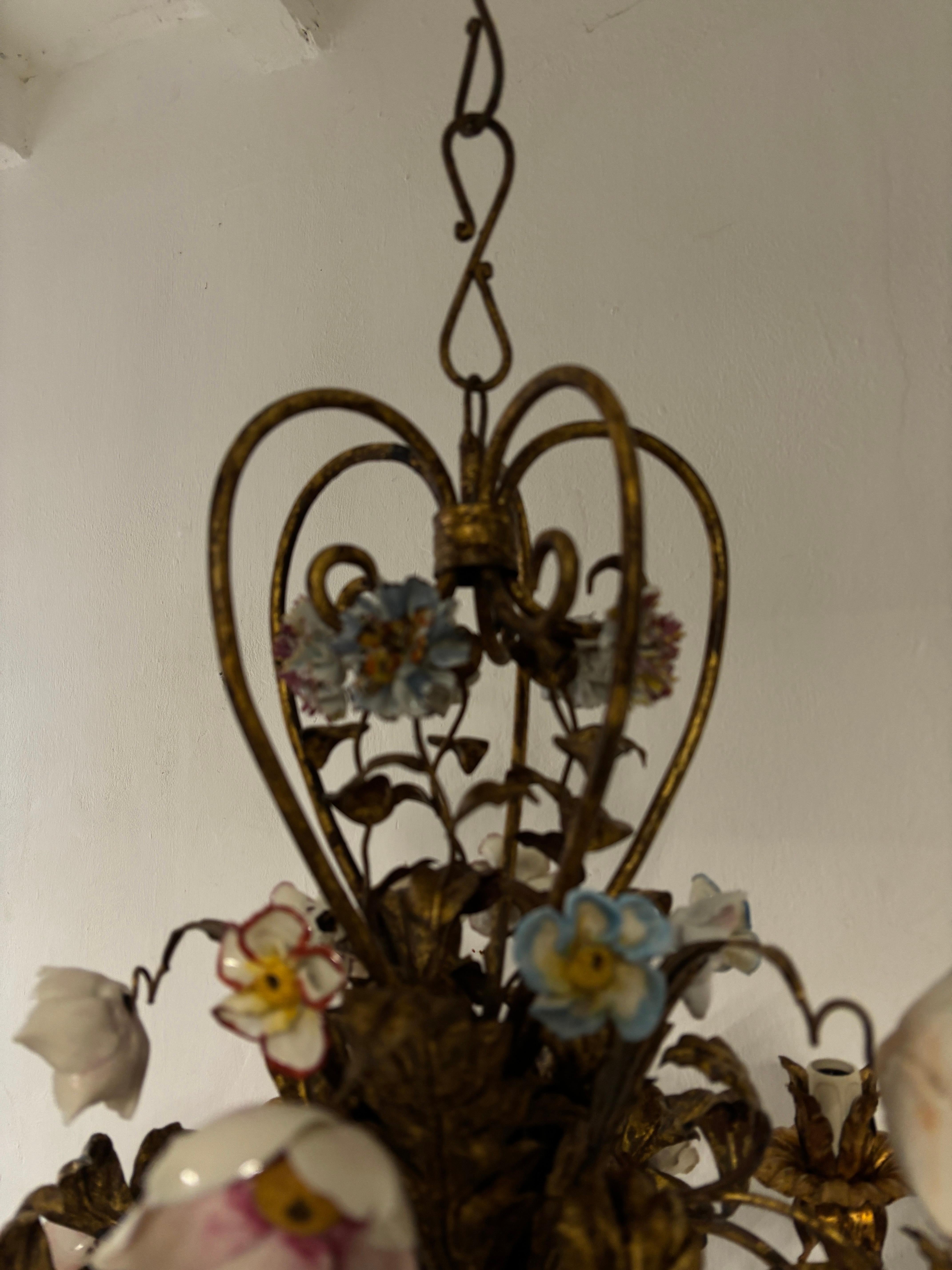 Housing 5 lights. Will be newly rewired with certified UL US sockets for the United States and appropriate sockets for all other countries and ready to hang. Original color tole with gold bulb holders. Rare big size. Beautiful handmade porcelain