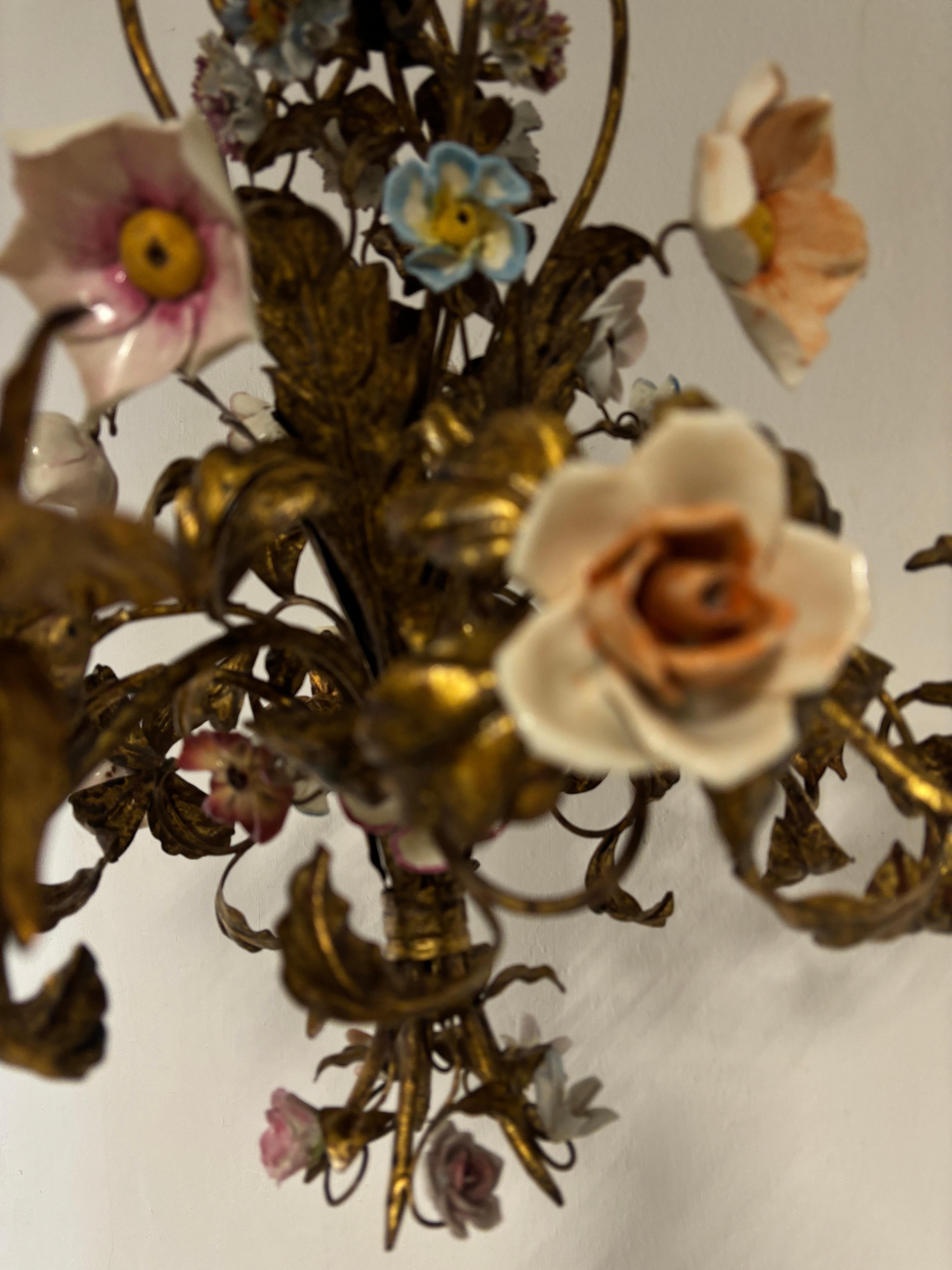 19th Century Huge Italian Tole Porcelain Flowers Polychrome Chandelier, circa 1870 Bouquet