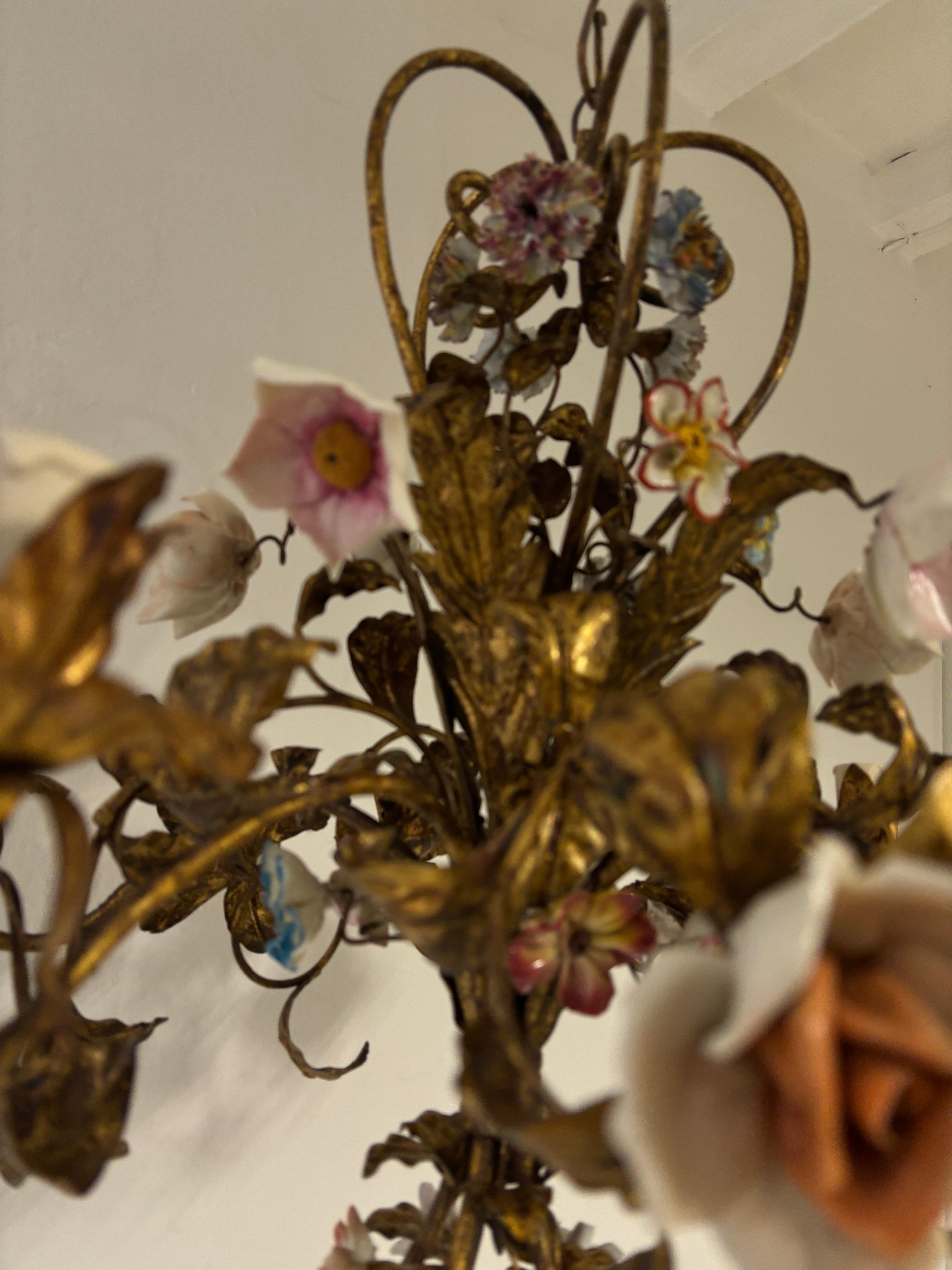Huge Italian Tole Porcelain Flowers Polychrome Chandelier, circa 1870 Bouquet 1