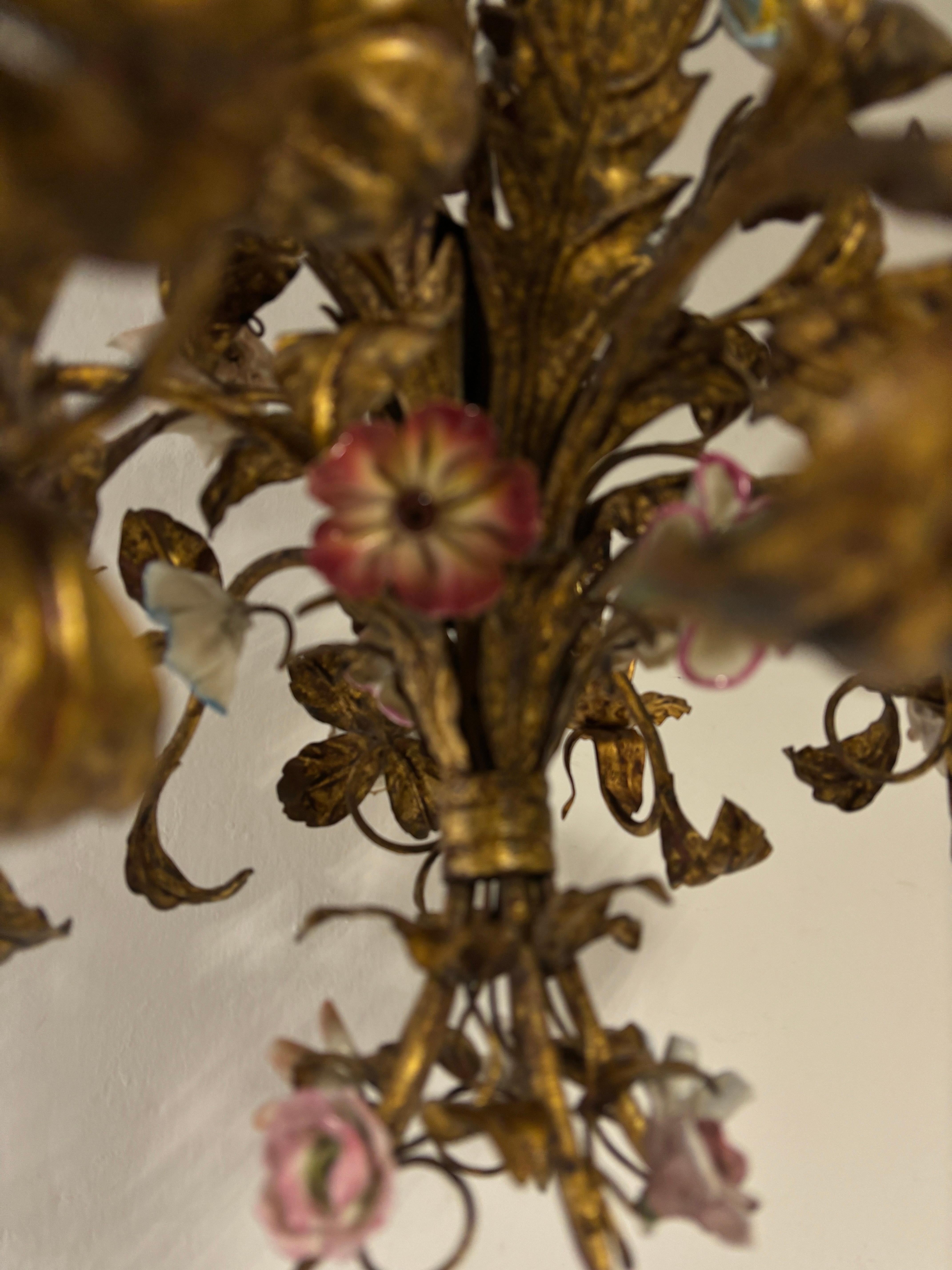 Huge Italian Tole Porcelain Flowers Polychrome Chandelier, circa 1870 Bouquet 2