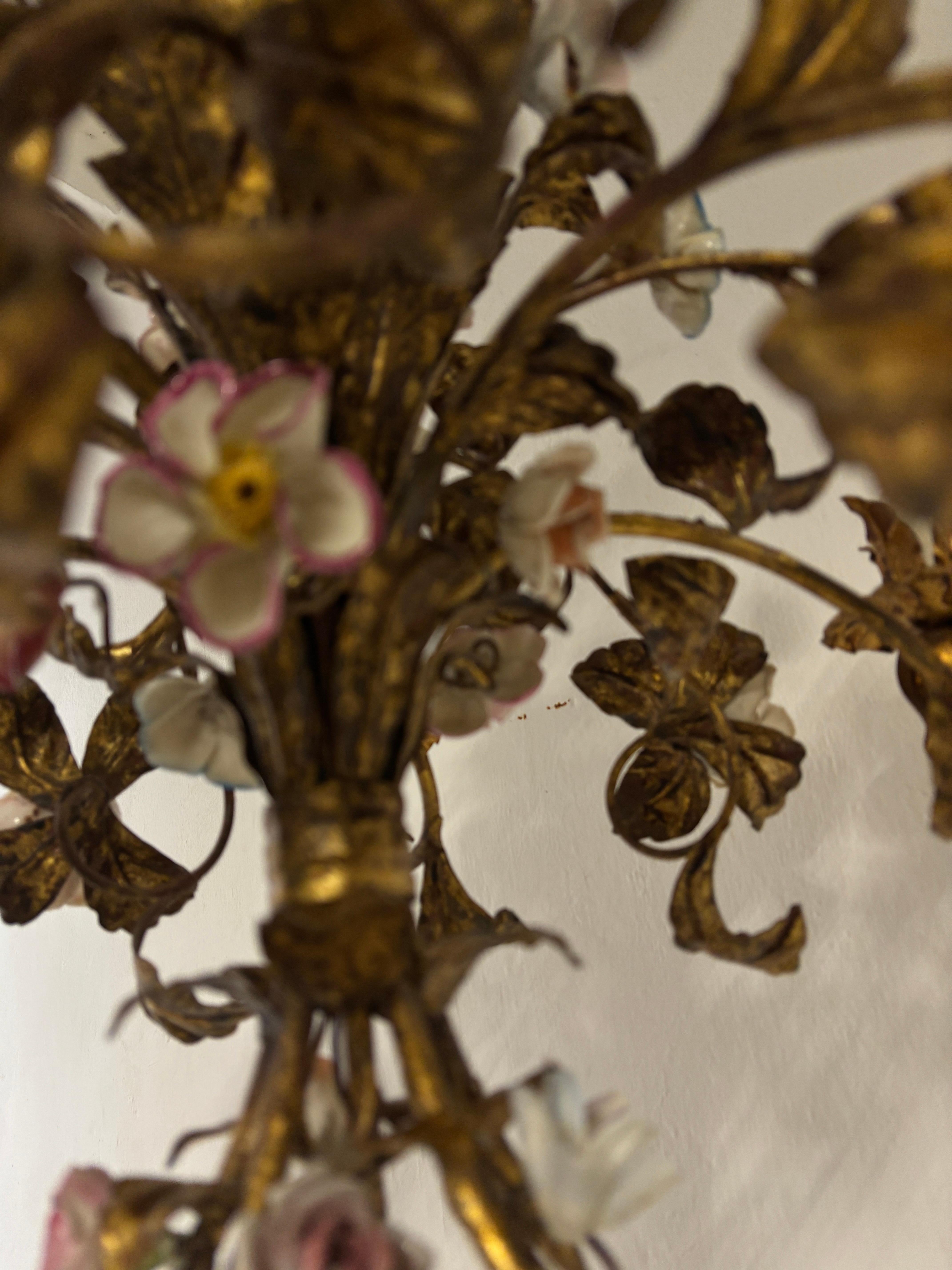Huge Italian Tole Porcelain Flowers Polychrome Chandelier, circa 1870 Bouquet 3