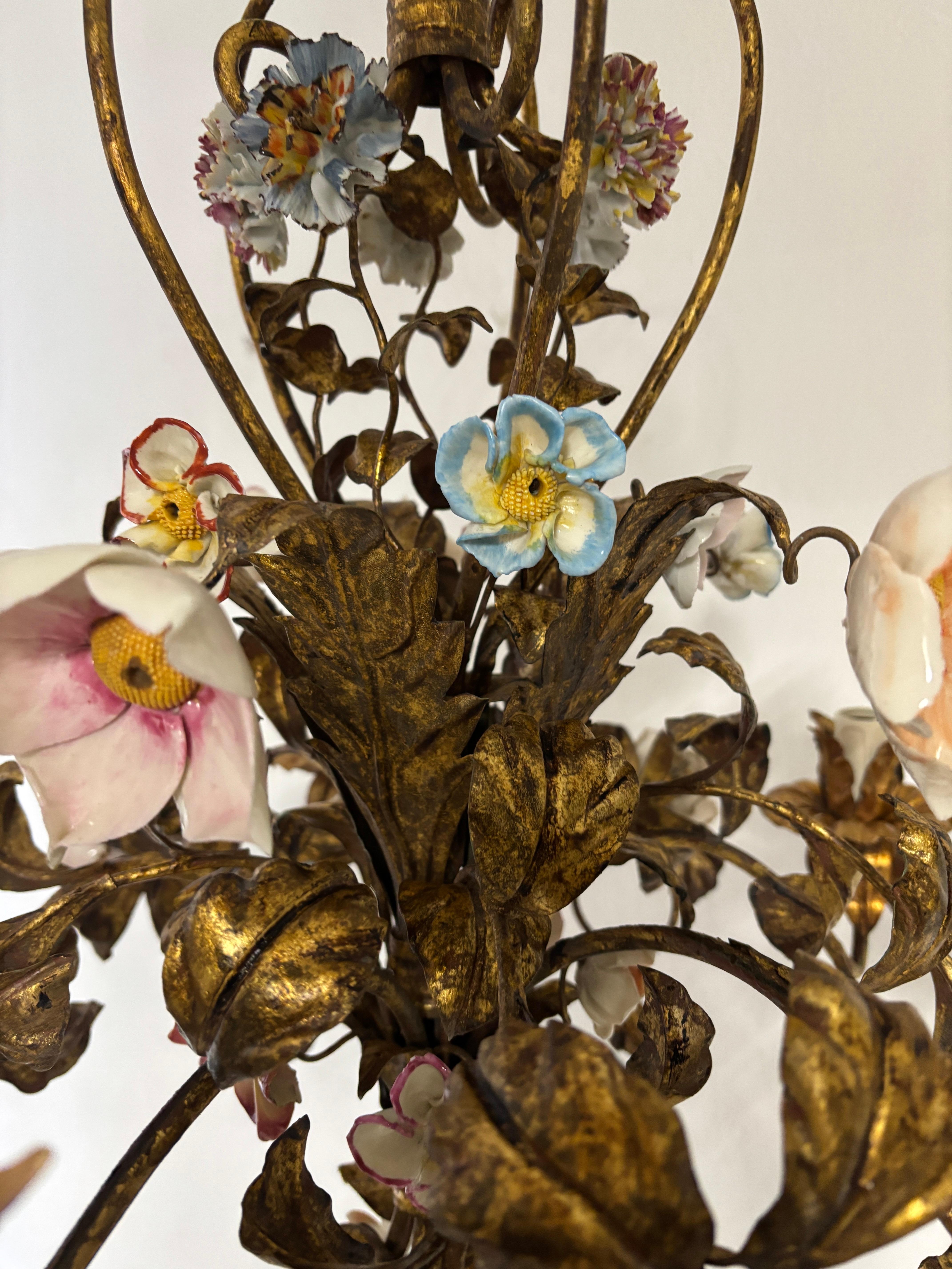 Huge Italian Tole Porcelain Flowers Polychrome Chandelier, circa 1870 Bouquet 5