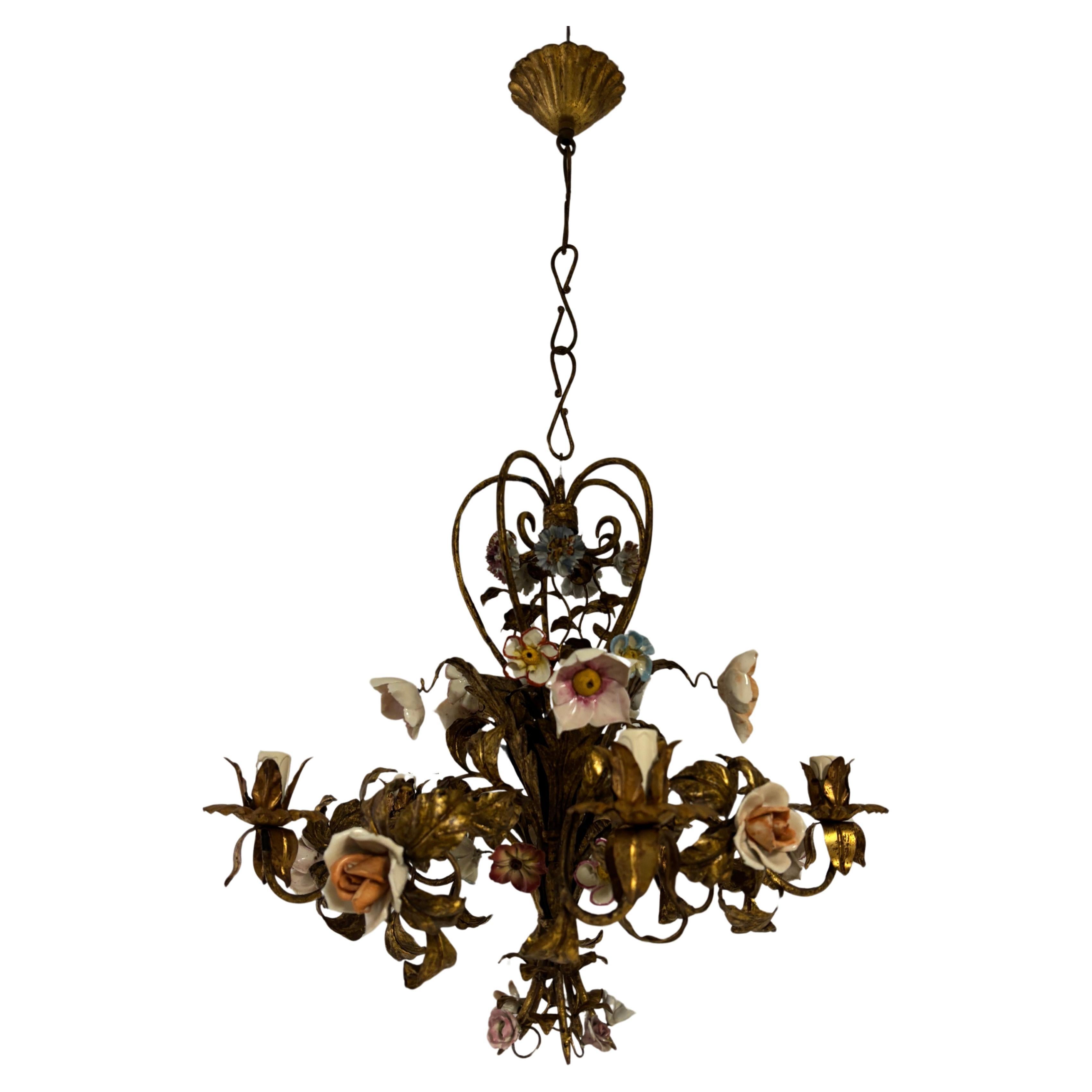 Huge Italian Tole Porcelain Flowers Polychrome Chandelier, circa 1870 Bouquet