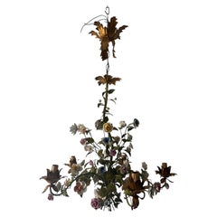 Huge Italian Tole Porcelain Flowers Polychrome Chandelier, circa 1890 Bouquet