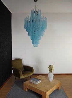 Huge Italian vintage Murano glass chandelier - 85 glass BLUE petals drop