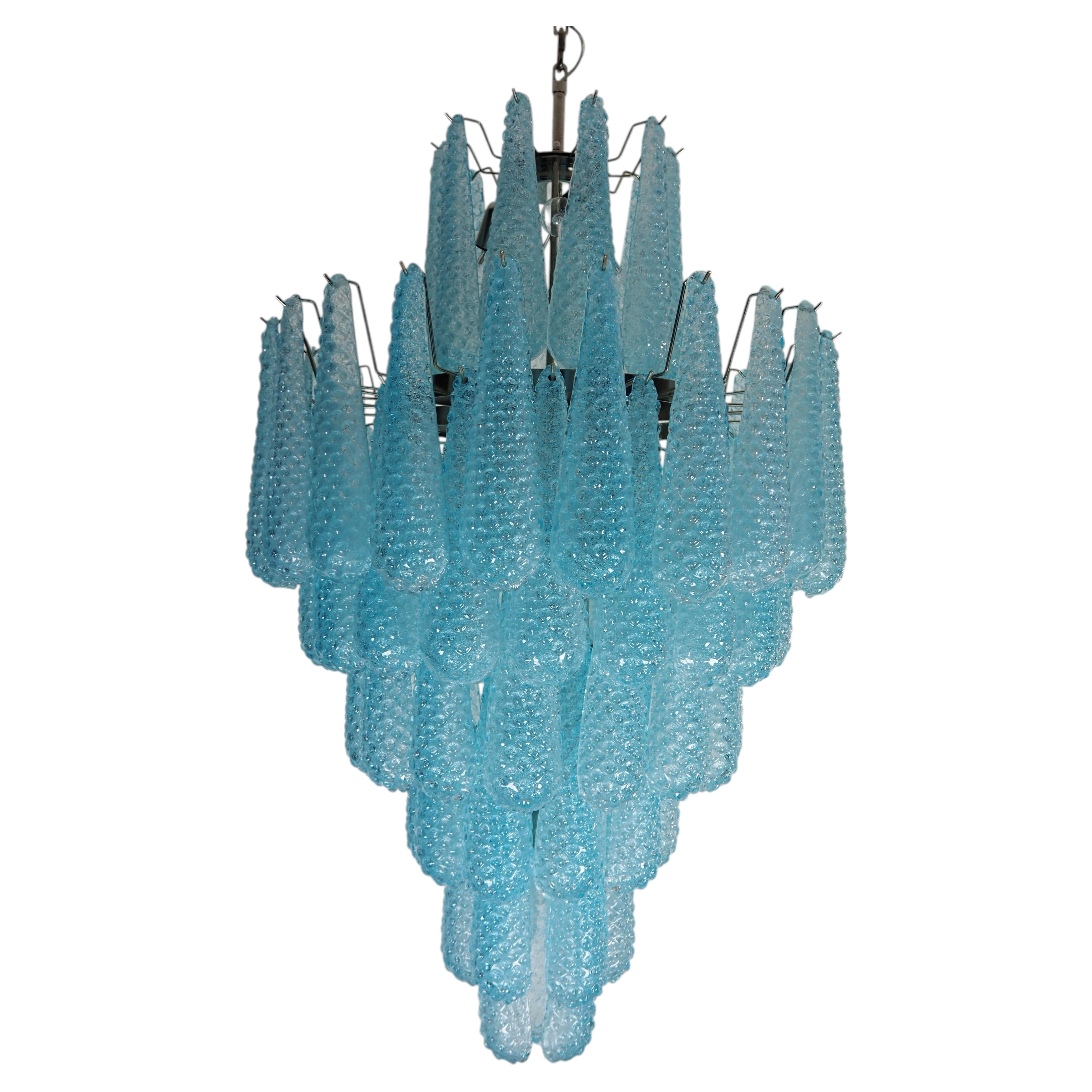 Huge Italian vintage Murano glass chandelier - 85 glass BLUE petals drop