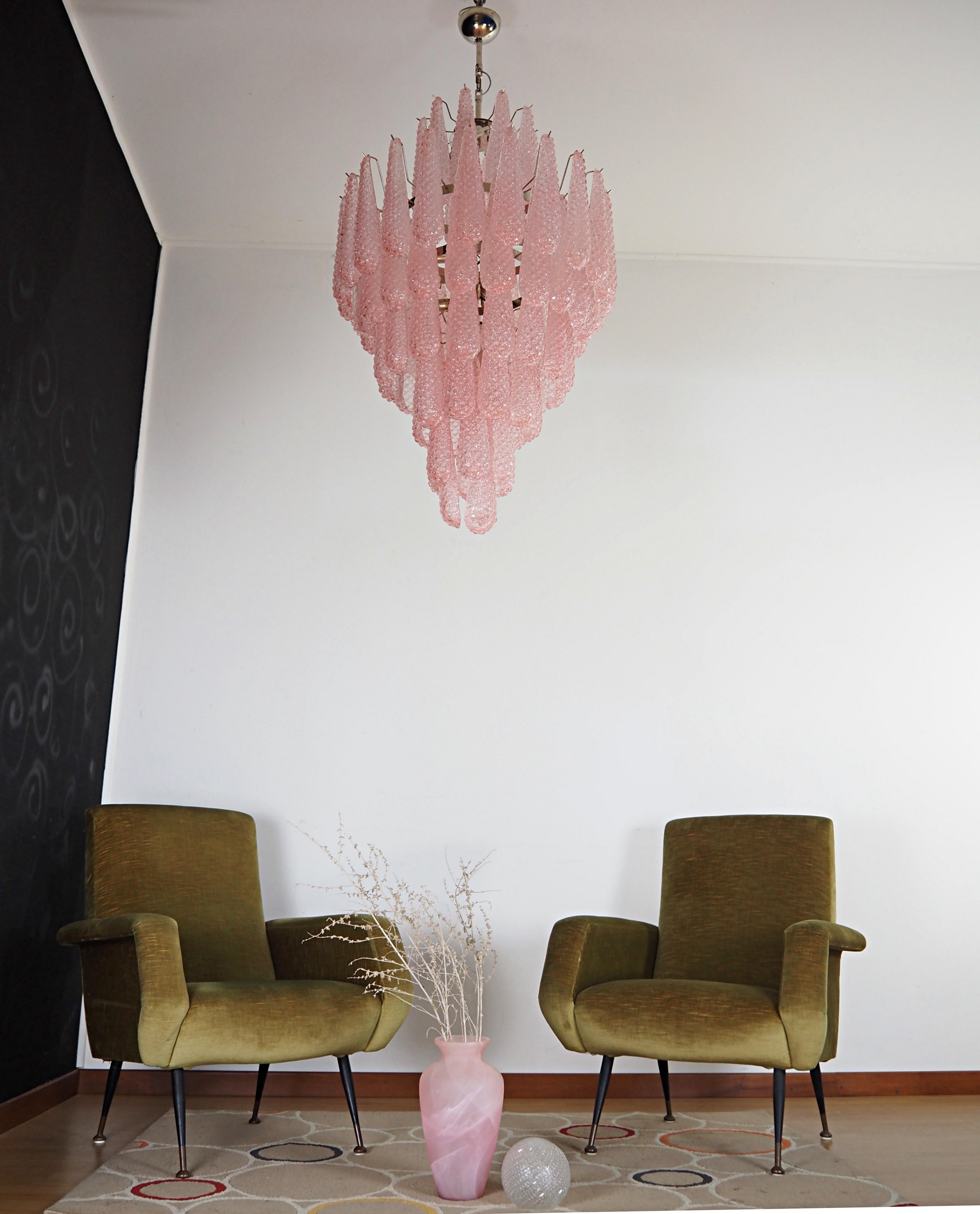 Galvanized Huge Italian vintage Murano glass chandelier - 85 glass PINK petals drop For Sale
