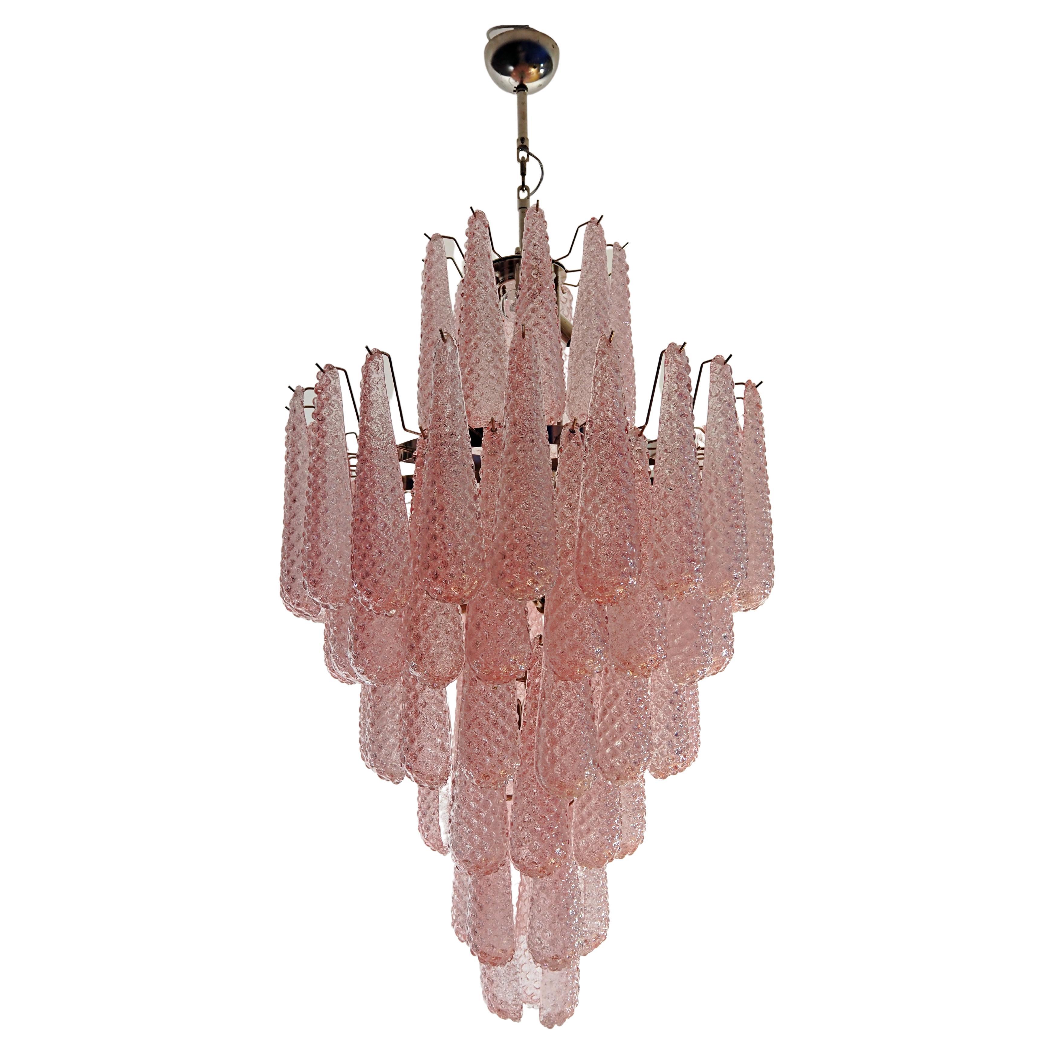 Huge Italian vintage Murano glass chandelier - 85 glass PINK petals drop For Sale