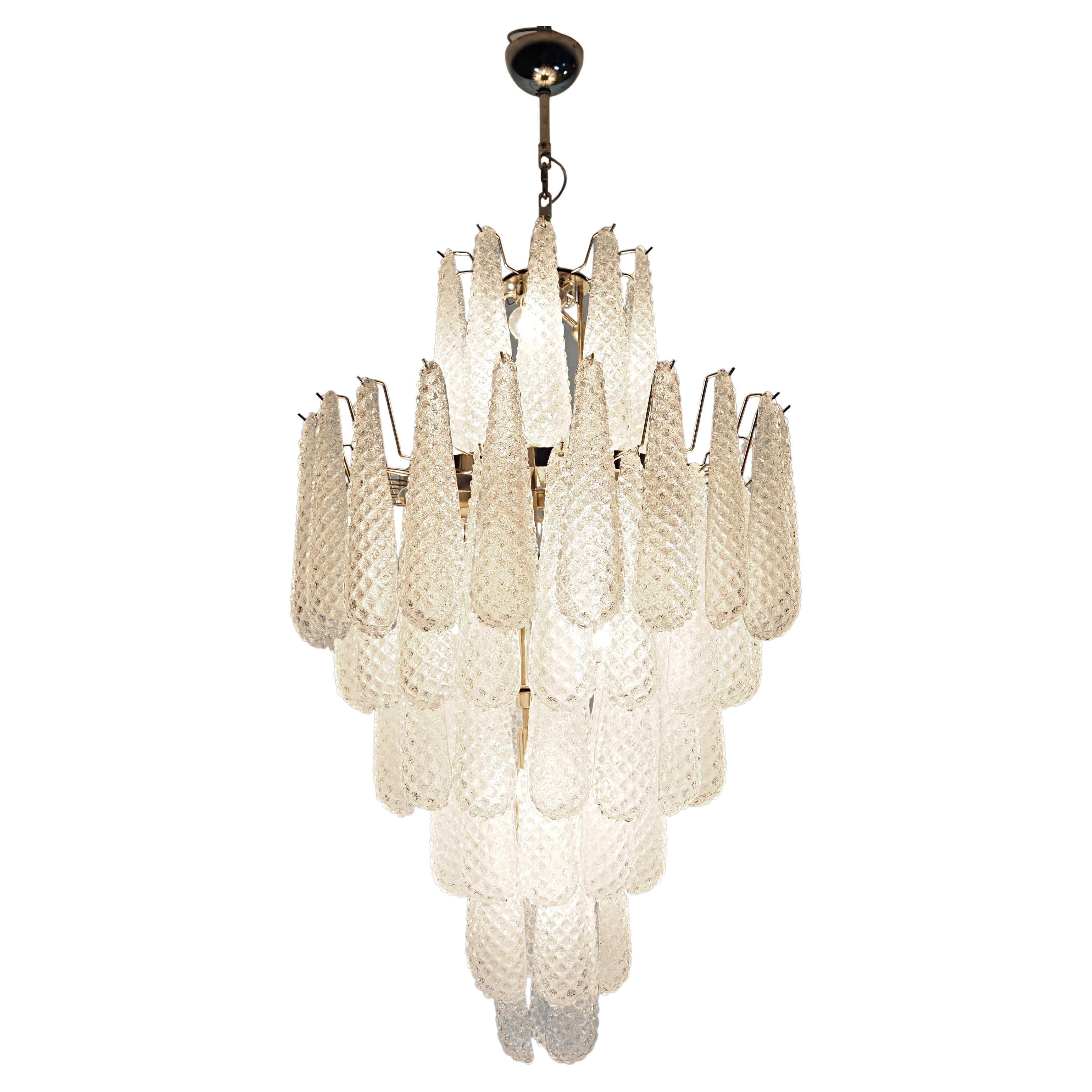 Huge Italian vintage Murano glass chandelier - 85 glass transparent petals drop