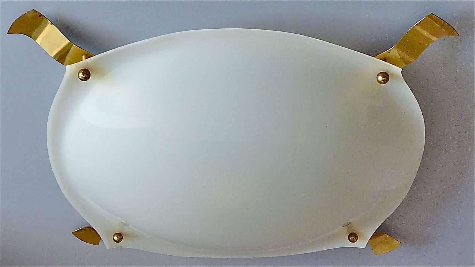 Mid-Century Modern Huge Italian Flush Mount Lamp White Plastic Brass Angelo Lelli Arredoluce 1950s For Sale