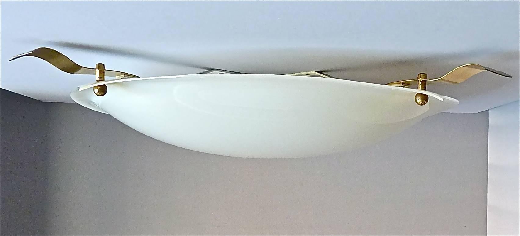 Mid-20th Century Huge Italian Flush Mount Lamp White Plastic Brass Angelo Lelli Arredoluce 1950s For Sale