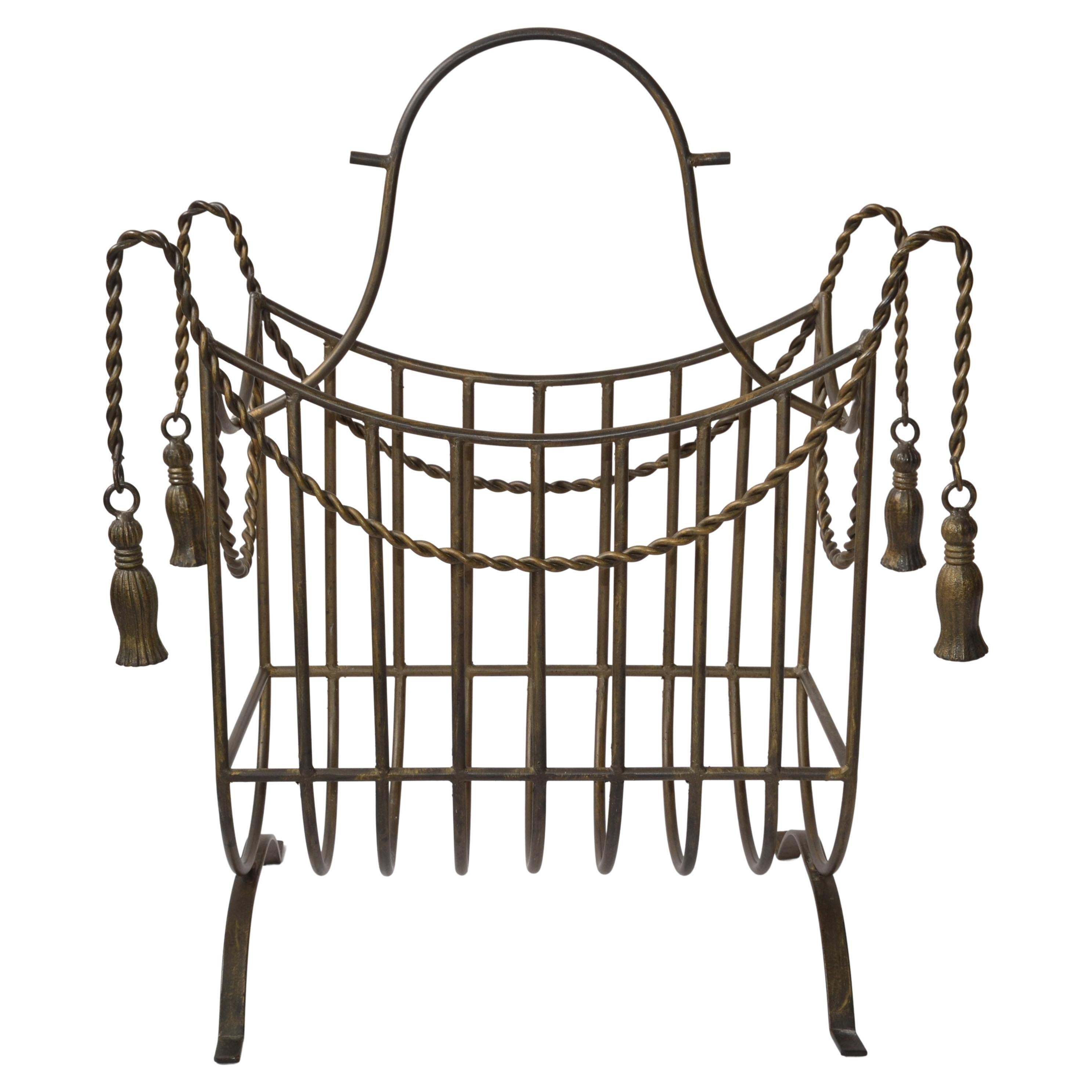 Huge Italian Wrought Iron Braided Rope Tassel Design Magazine Rack Jansen Style For Sale