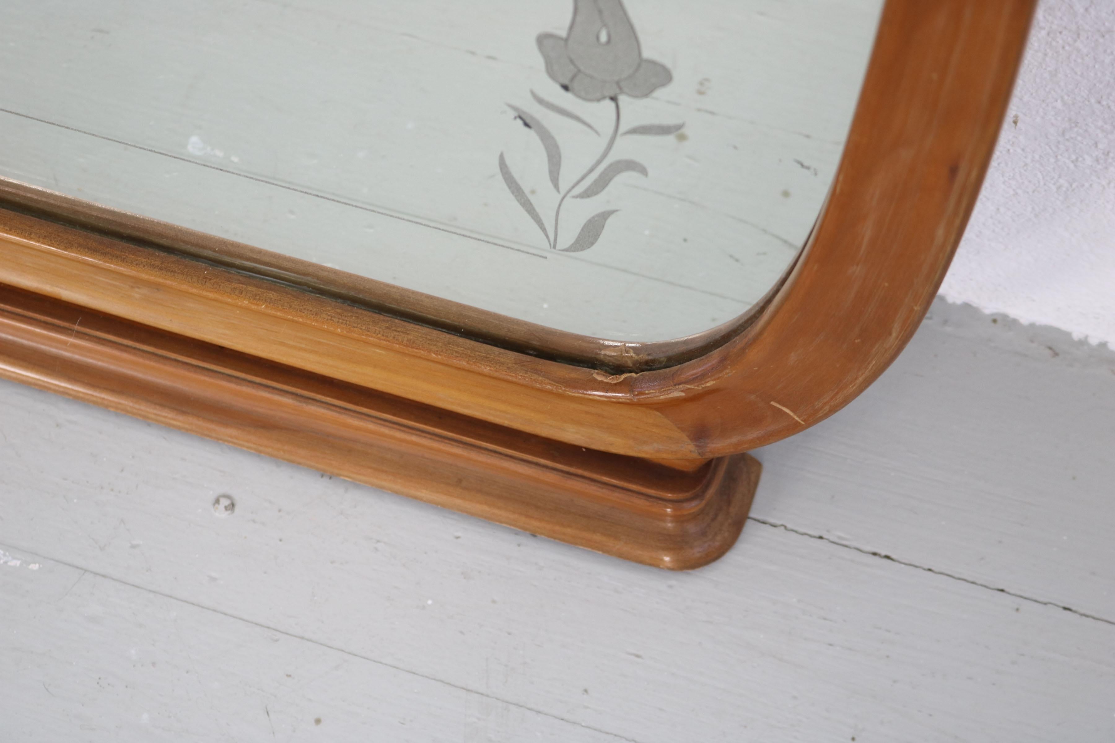 Huge Italien 1950s Mirror with Cherry Wood Frame 1