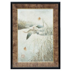 Antique Huge Japanese Silk Textile Goose In Flight  