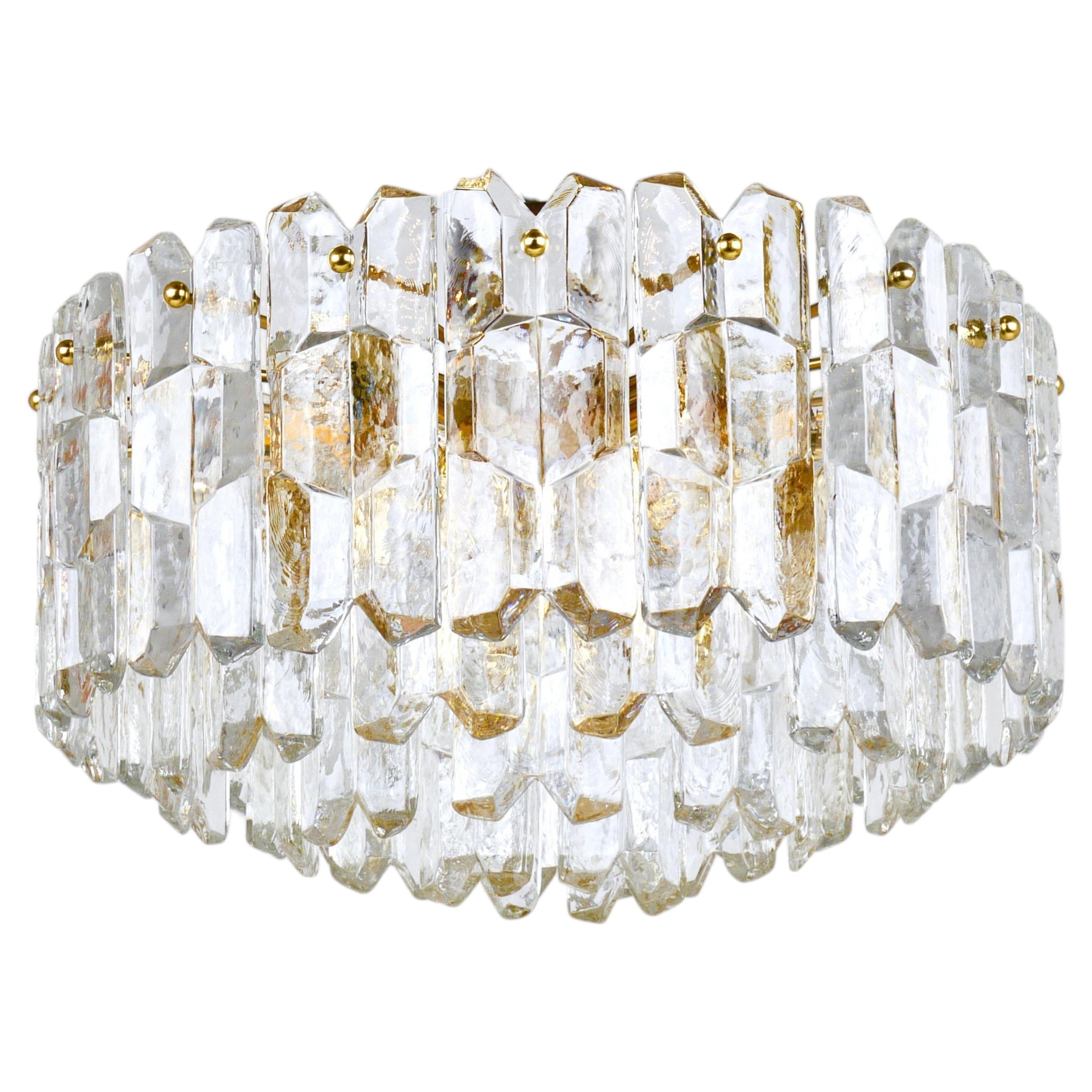 Huge J.T. Kalmar Palazzo Gilt Brass & Glass Chandelier Flush Mount, 1950s