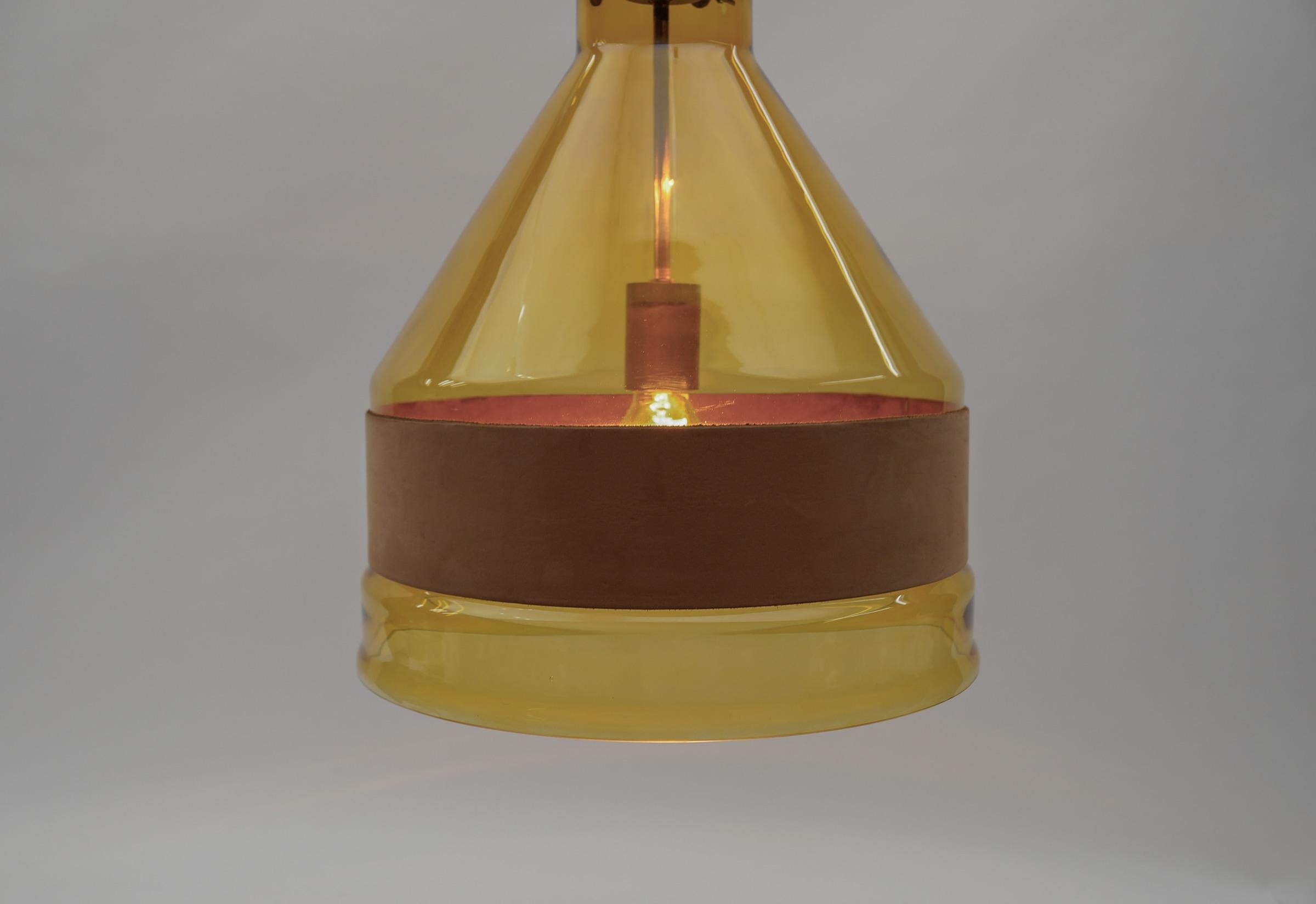 Huge J.T. Kalmar Yellow Tinted Glass Pendant Lamp with Leather, Austria 1970s For Sale 7