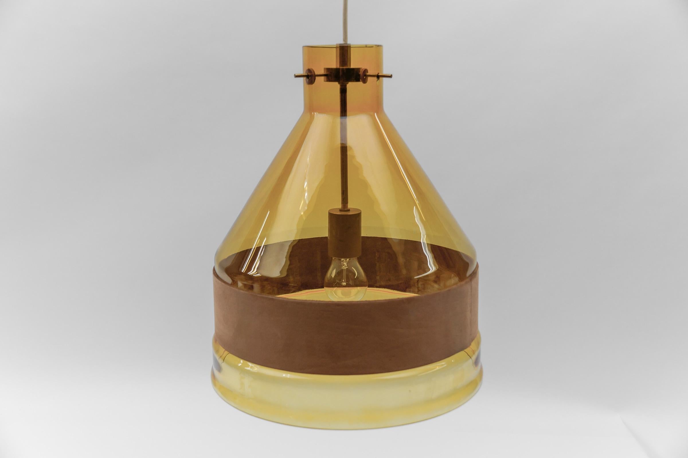 Late 20th Century Huge J.T. Kalmar Yellow Tinted Glass Pendant Lamp with Leather, Austria 1970s For Sale
