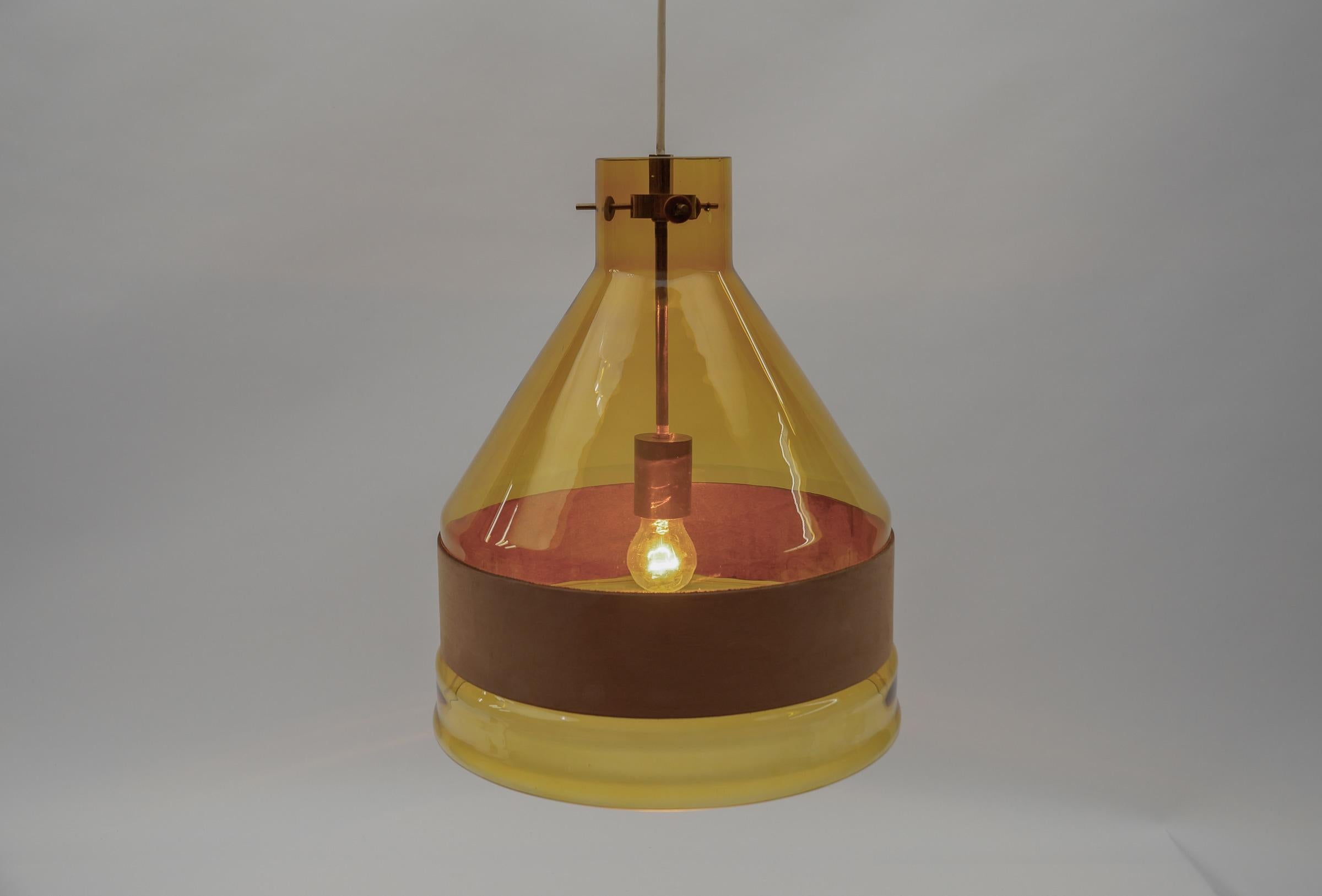 Huge J.T. Kalmar Yellow Tinted Glass Pendant Lamp with Leather, Austria 1970s For Sale 1