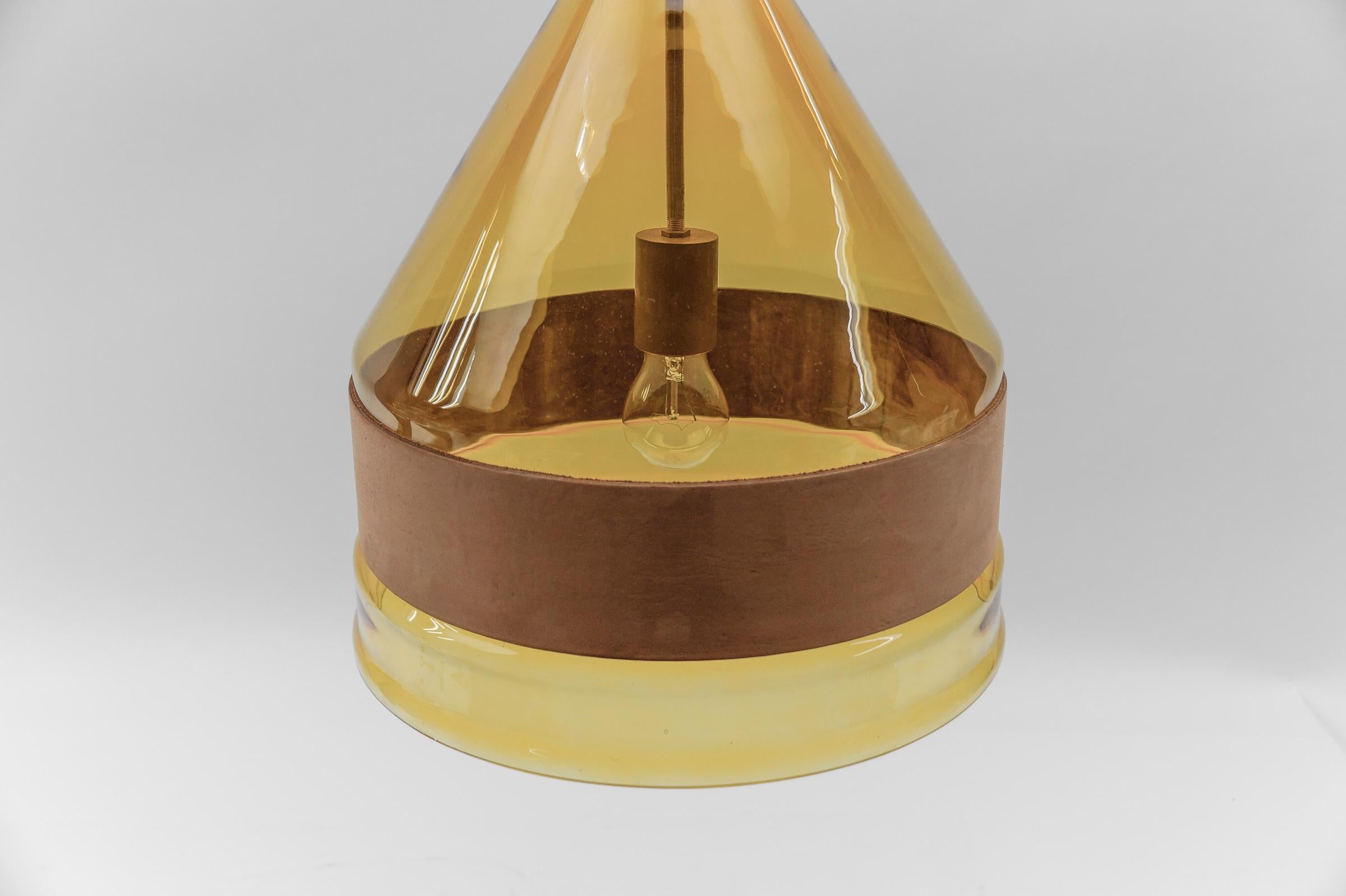 Huge J.T. Kalmar Yellow Tinted Glass Pendant Lamp with Leather, Austria 1970s For Sale 2