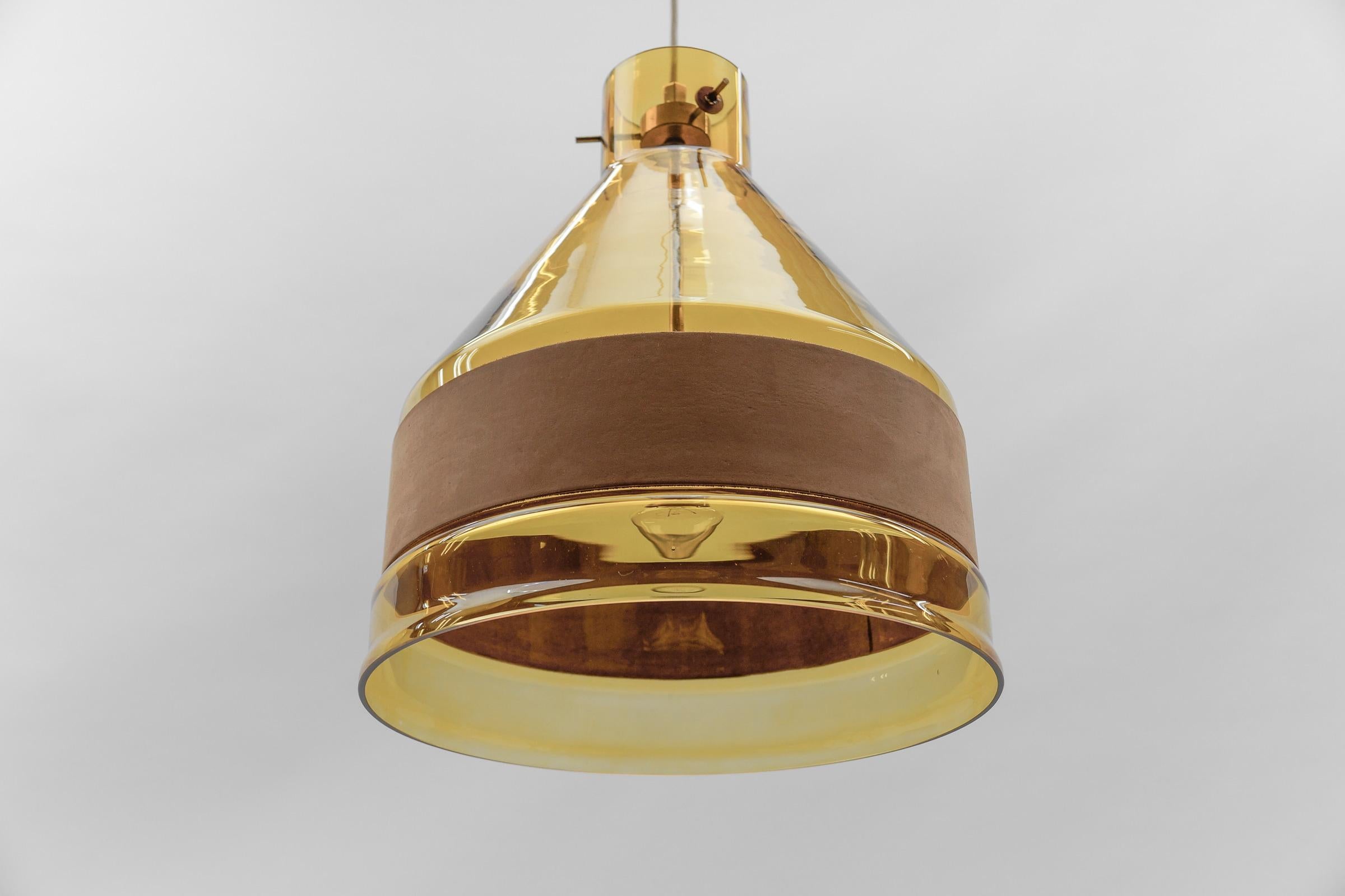 Huge J.T. Kalmar Yellow Tinted Glass Pendant Lamp with Leather, Austria 1970s For Sale 3