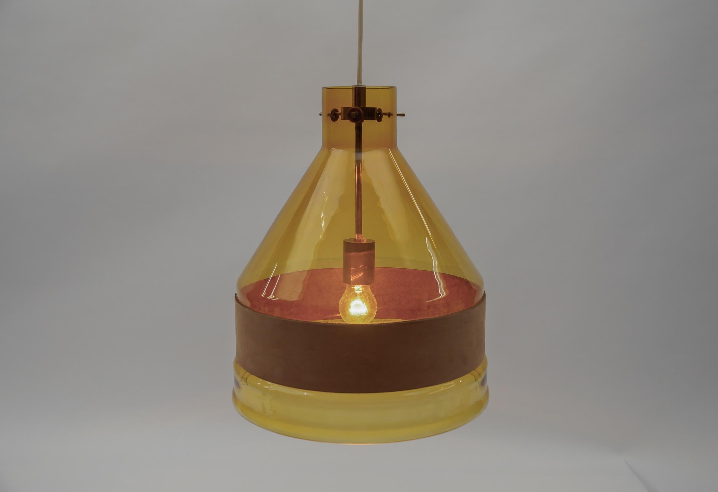Huge J.T. Kalmar Yellow Tinted Glass Pendant Lamp with Leather, Austria 1970s For Sale 4