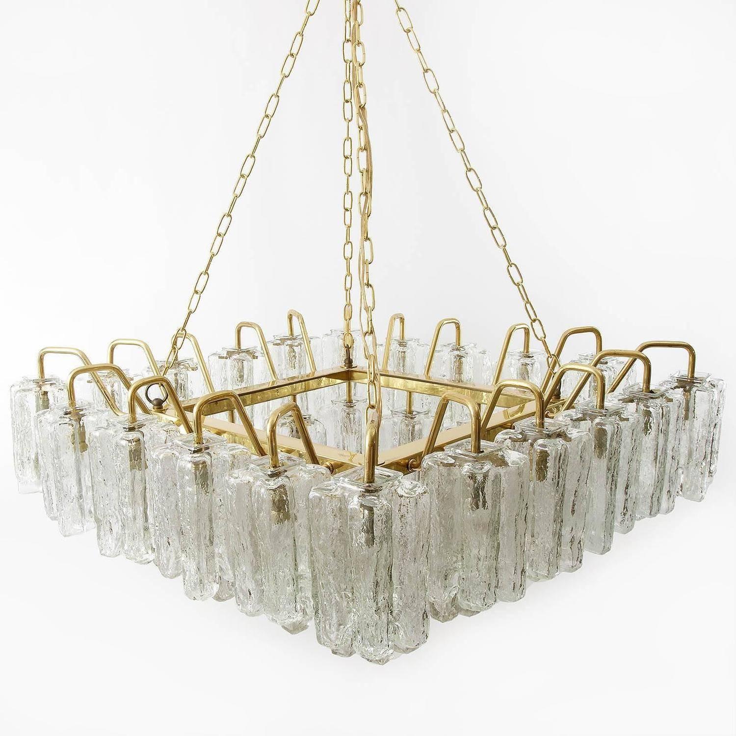 Mid-Century Modern Huge Kalmar 'Granada' Chandelier Flush Mount Light Brass Glass 1970, One of Four For Sale