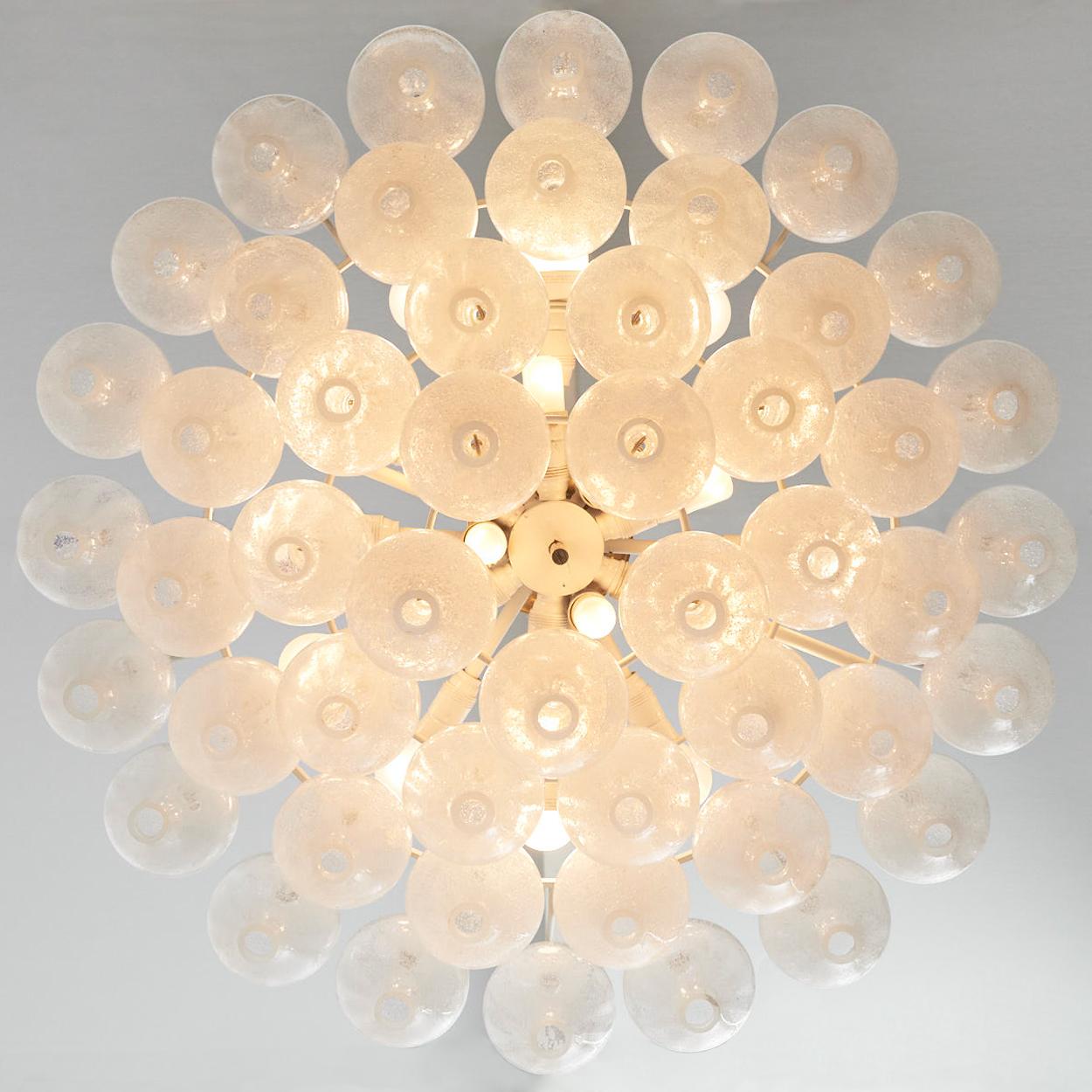 Exceptional huge 'Tulipan' flushmounts chandelier by J.T. Kalmar, Austria, Vienna, manufactured in midcentury, circa 1970, (late 1960s or early 1970s).
With beautiful Tulipan shaped hand blown bubble glasses. Several glasses are mounted with brass