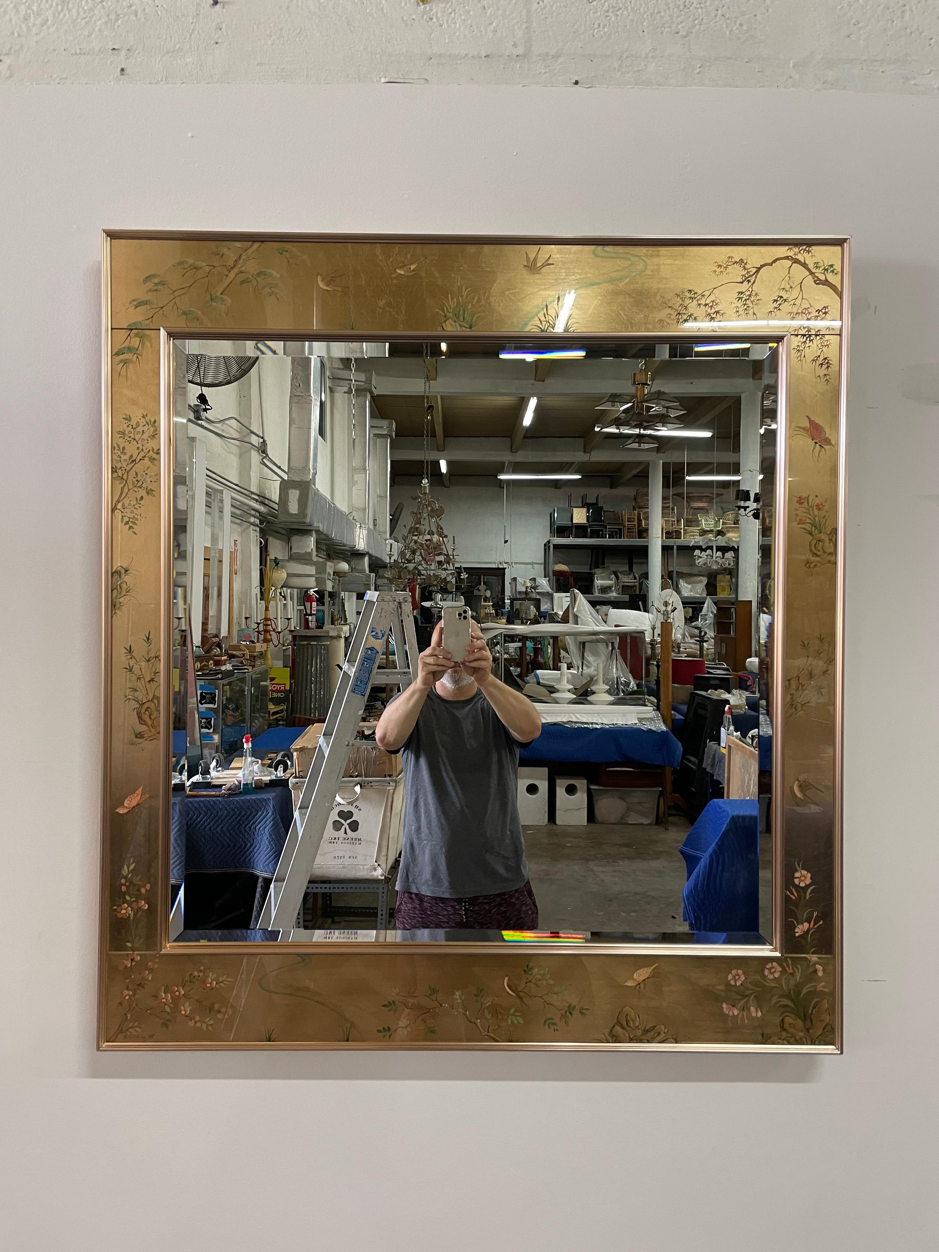 Aluminum Massive Reverse Painted Églomisé Framed Mirror in the Chinoiserie Style For Sale