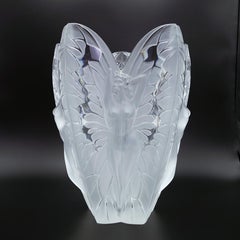 Huge Lalique "Chrysalide" Winged Nudes Vase in Polished & Frosted Crystal France