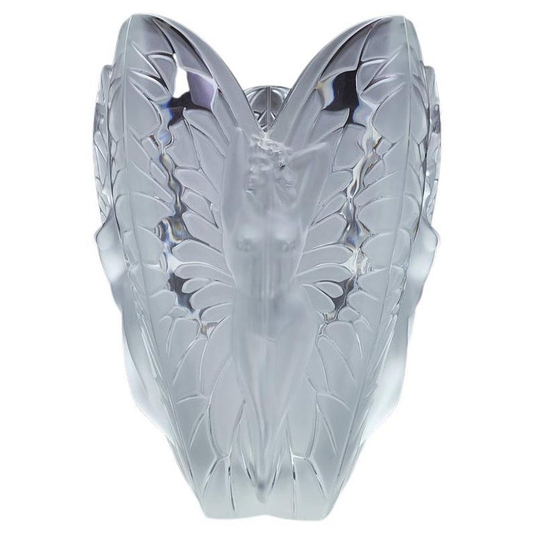 Huge Lalique "Chrysalide" Winged Nudes Vase in Polished & Frosted Crystal France For Sale