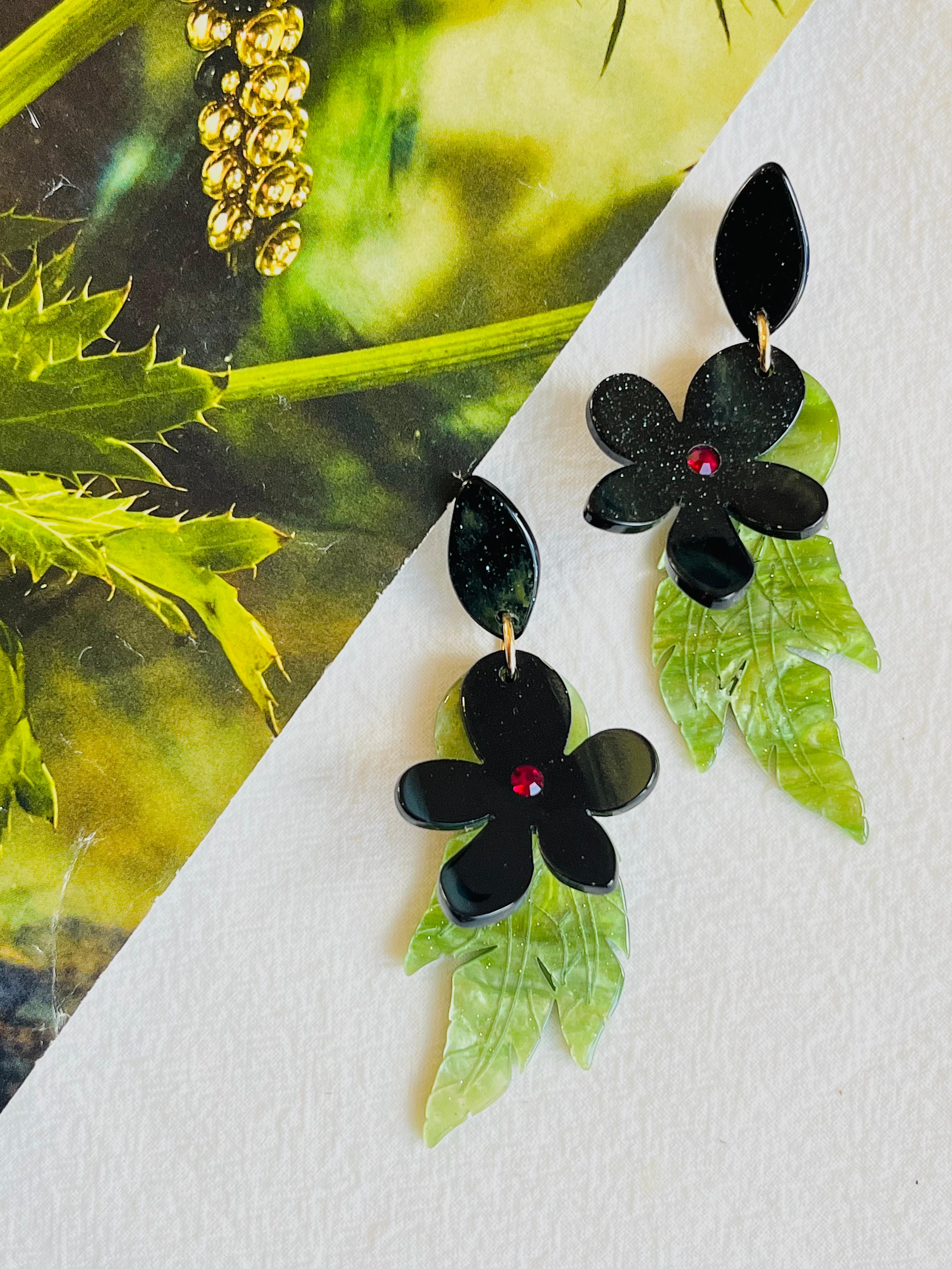 Retro Huge Large Long Tropical Dark Light Green Layer Leaf Flower Drop Clip Earrings For Sale