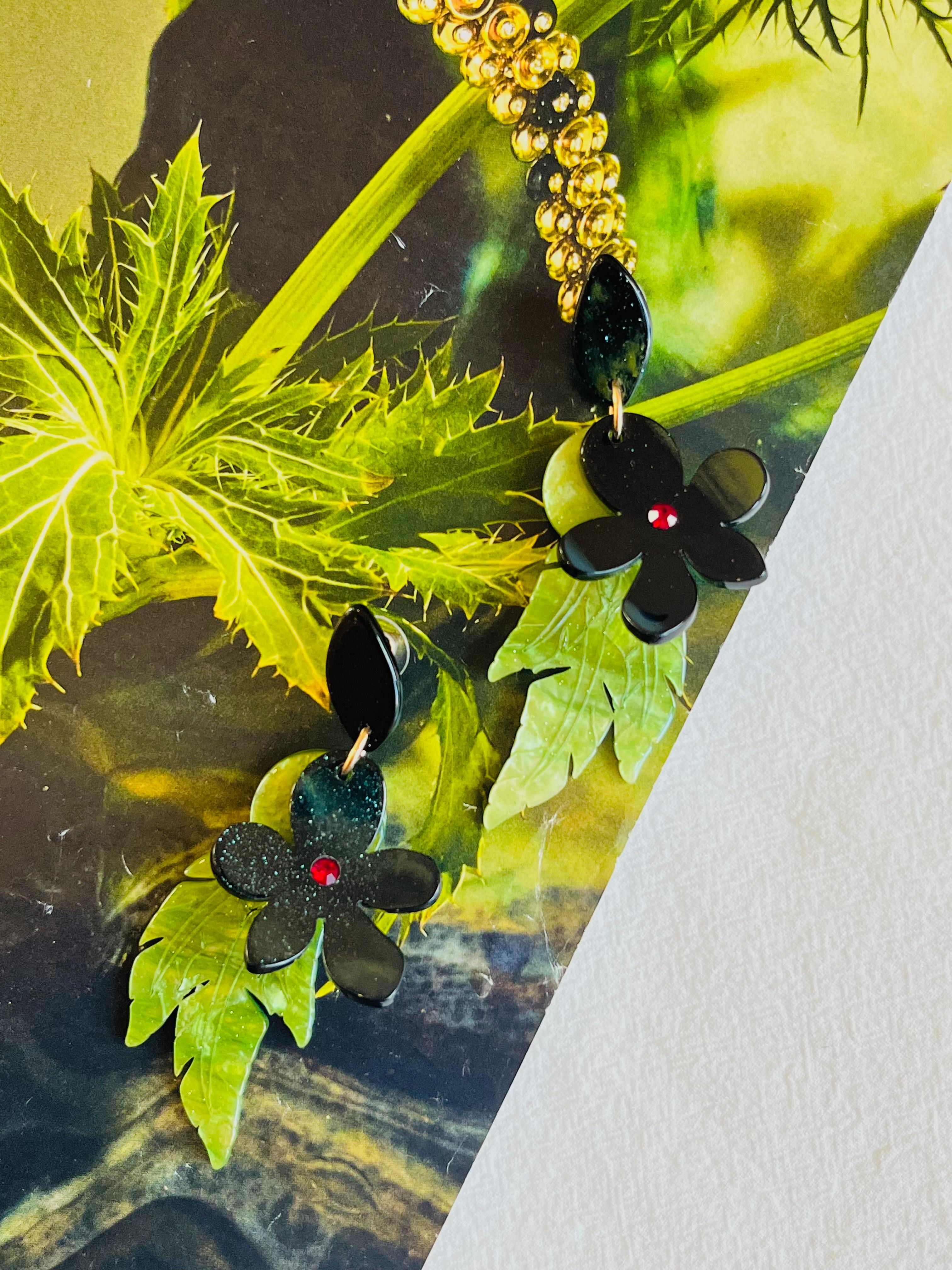 Retro Huge Large Long Tropical Dark Light Green Layer Leaf Flower Drop Clip Earrings For Sale