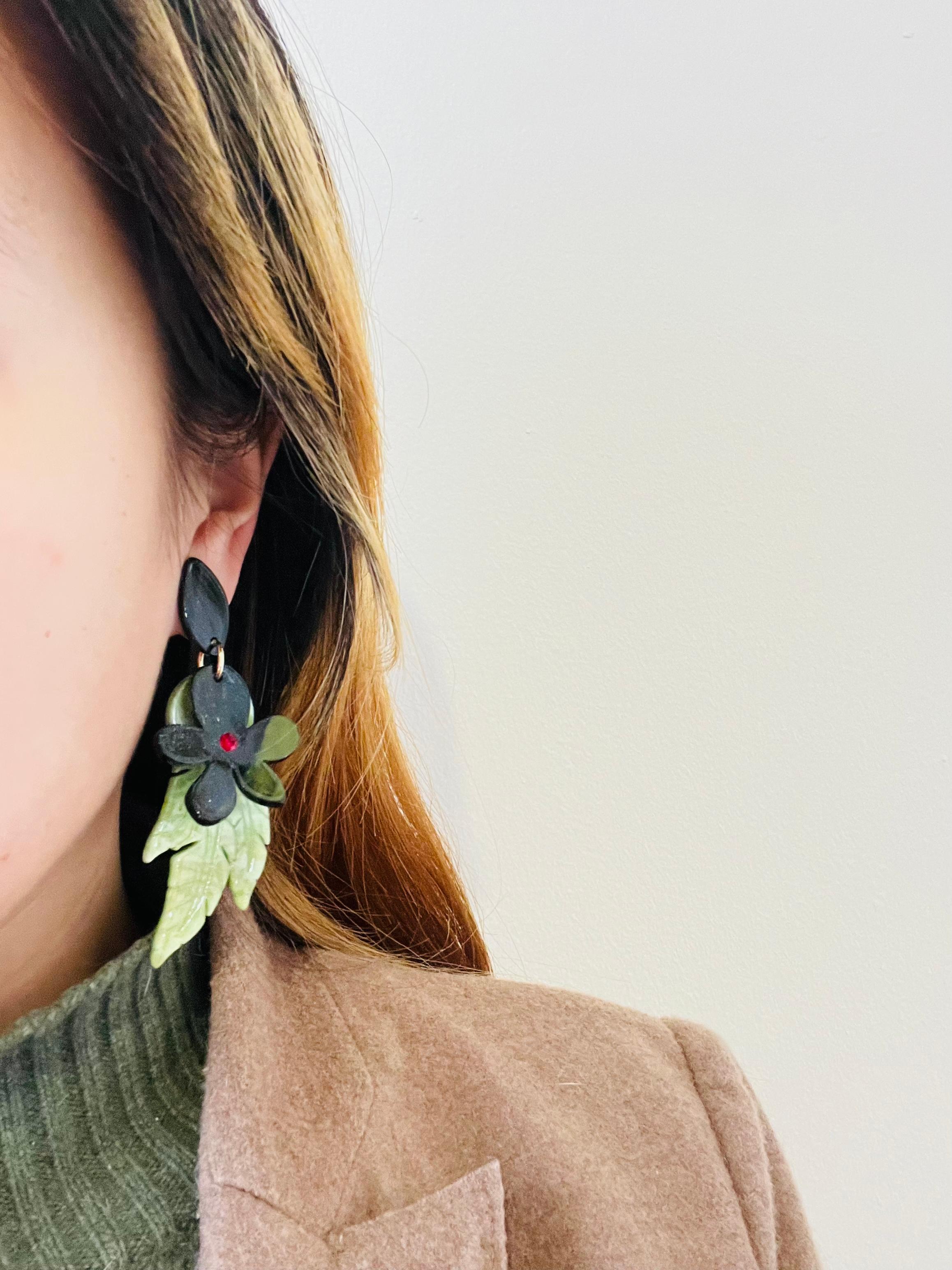 Huge Large Long Tropical Dark Light Green Layer Leaf Flower Drop Clip Earrings For Sale 2